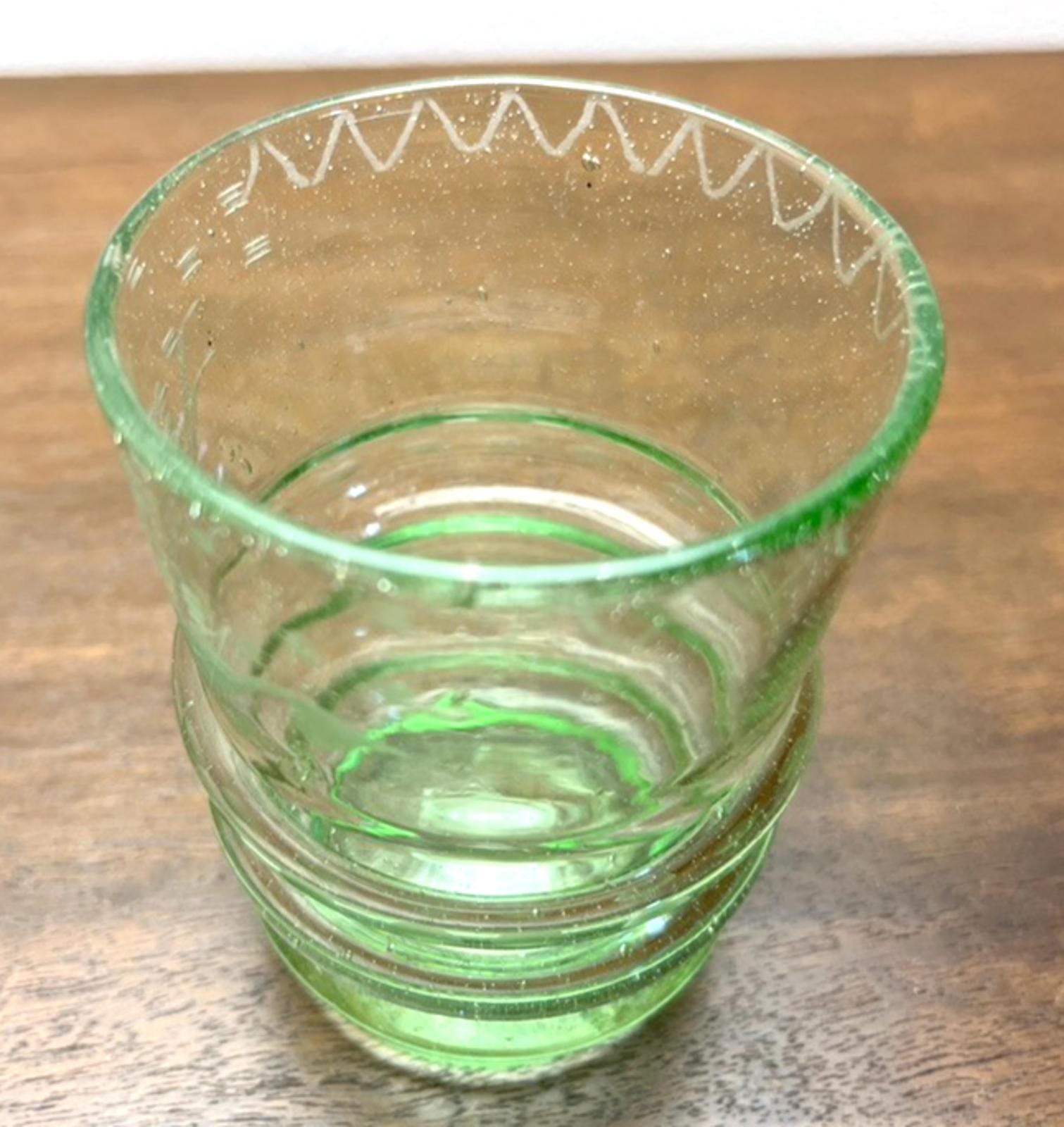 Vintage Green Etched Glass Tumbler – Sailing Ship Motif, Ribbed Base, 10 cm