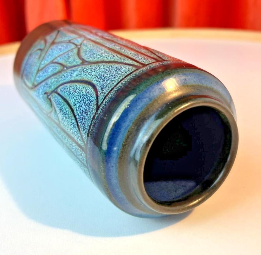 Mid Century Celtic Pottery Vase Newlyn Cornwall in Blue Medallion Pattern B89