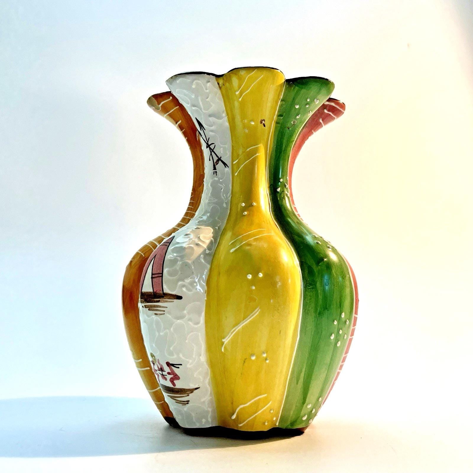 1956 Italian Vase in Ceramic with Camping Scene H16.5cm Mid Century Vintage