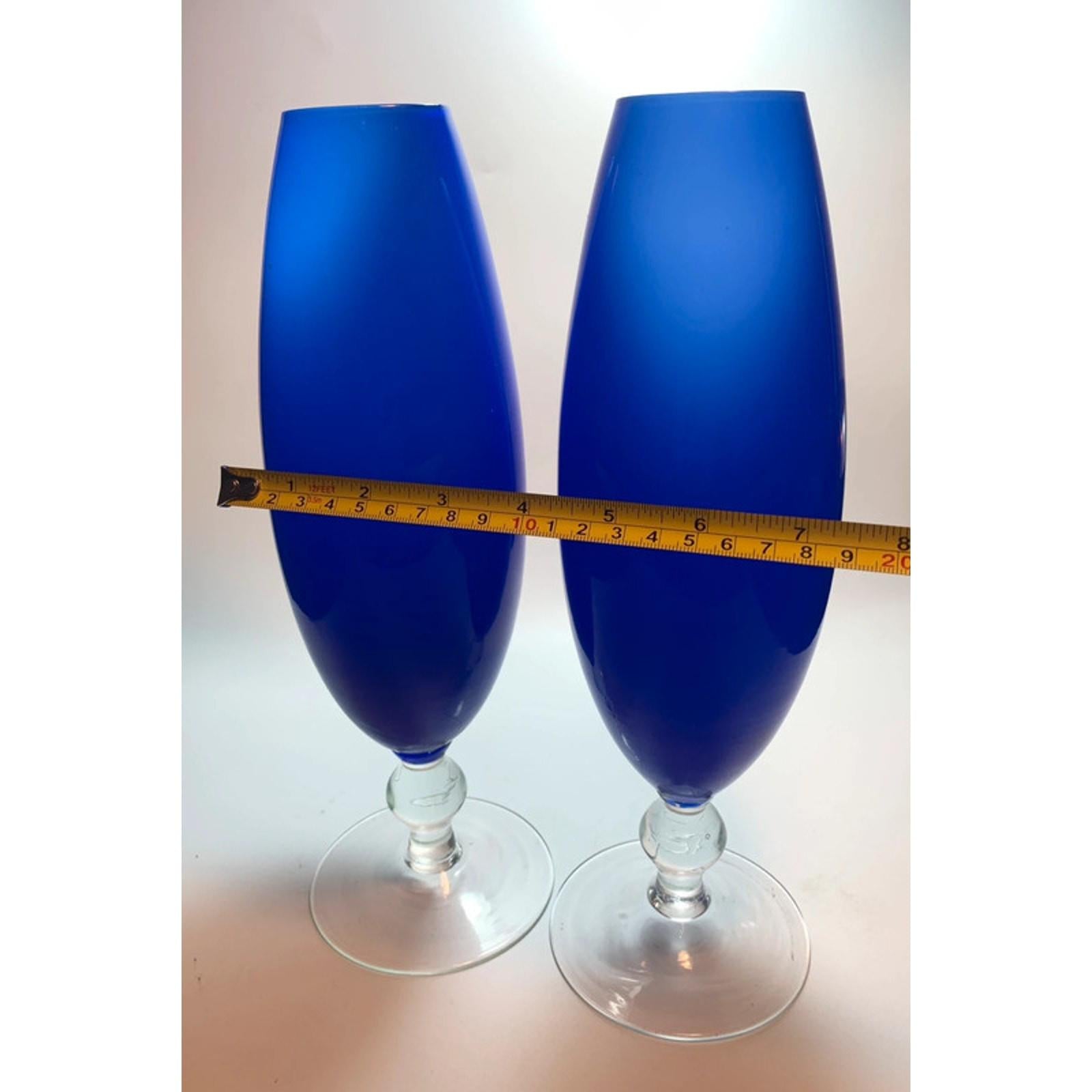 Pair of Mid Century Cobalt Blue Glass Bullet Vases White Interior Torpedo Vases