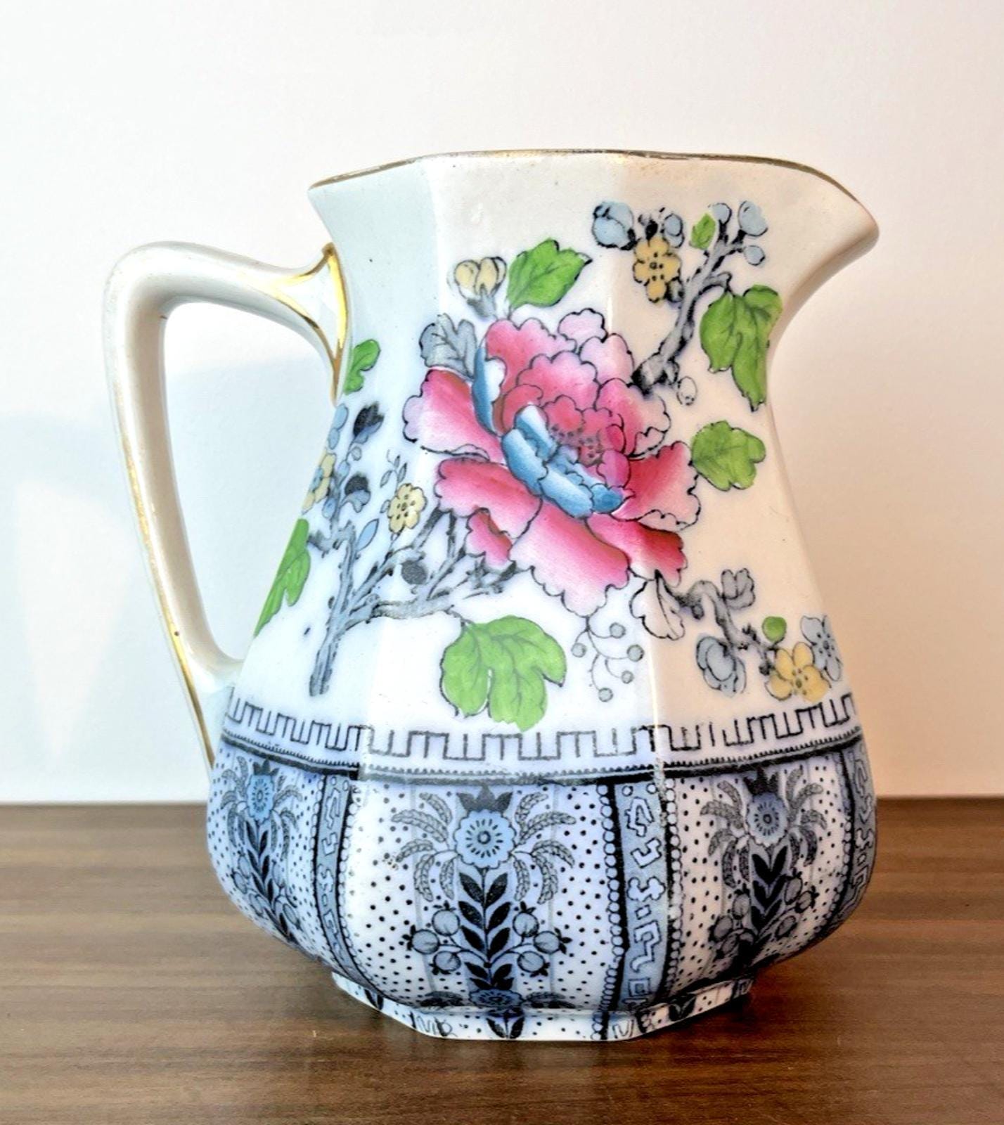 Antique losol ware shanghai jug keeling & co burslem graduated floral bird vgc