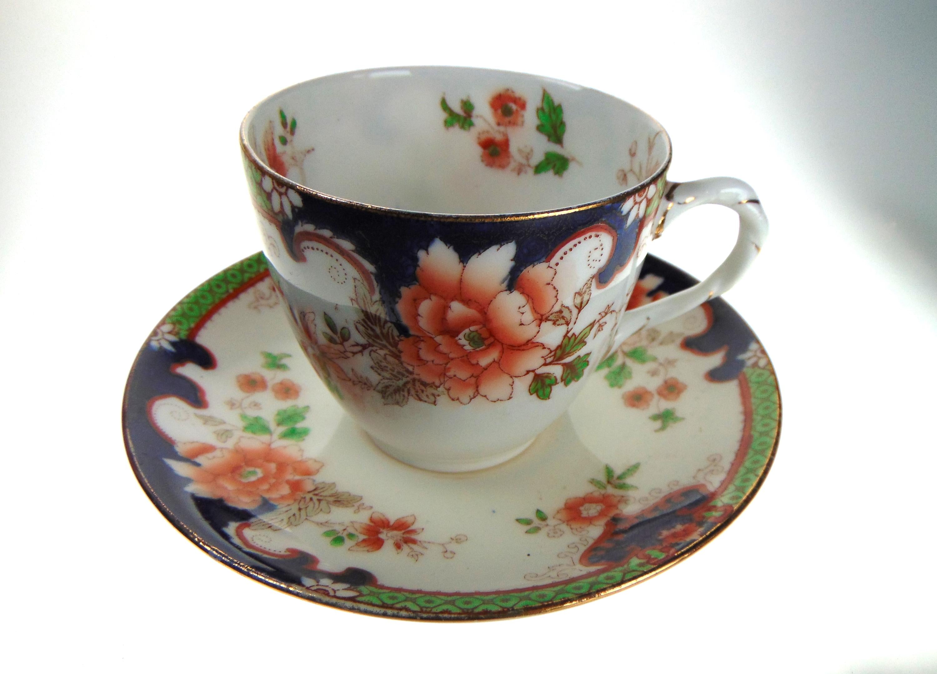 Royal Doulton Teacup and Saucer: Antique English Bone China, Imari Floral