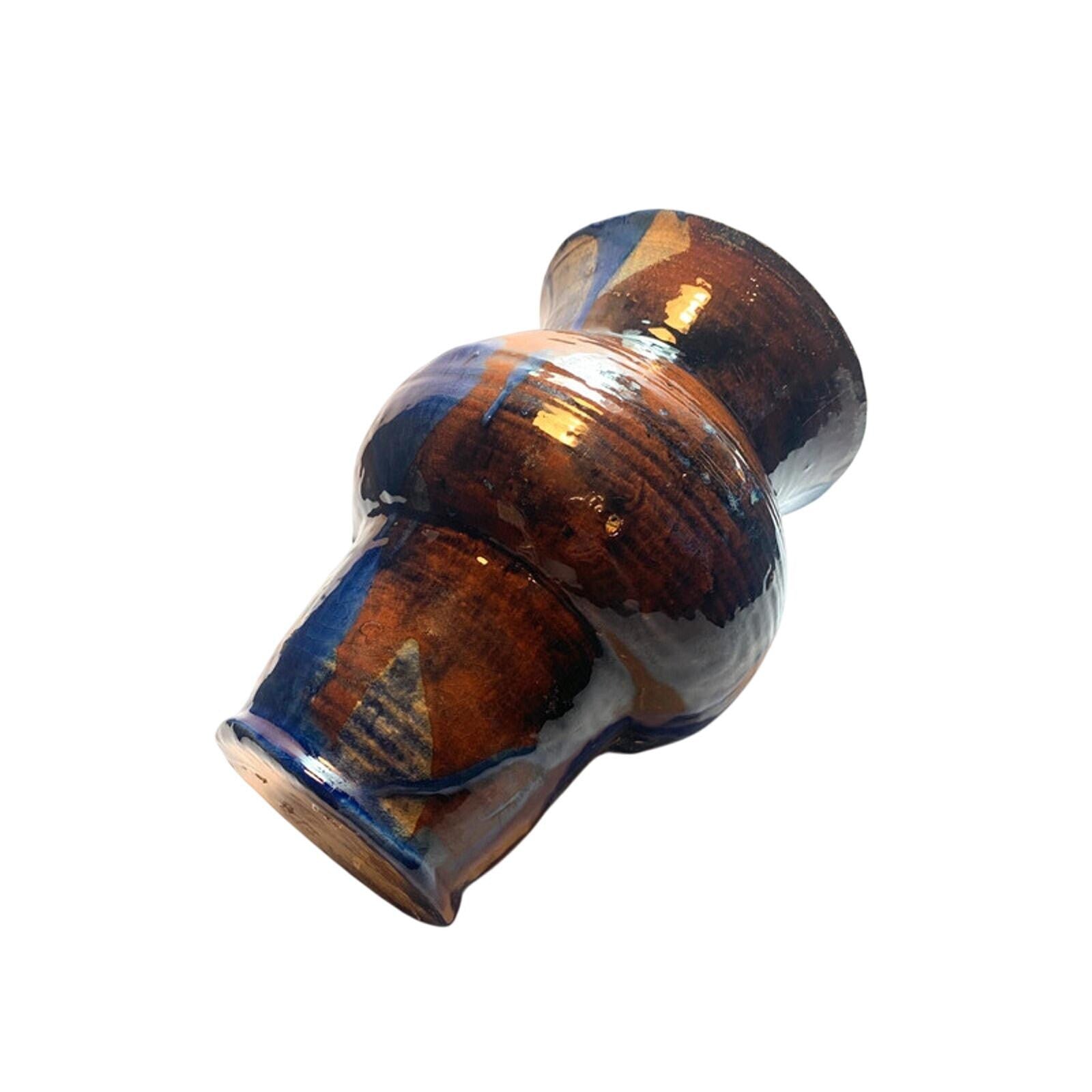 Vintage Handmade Pottery Vase: Blue Drip Glaze, Mid-Century Enamel