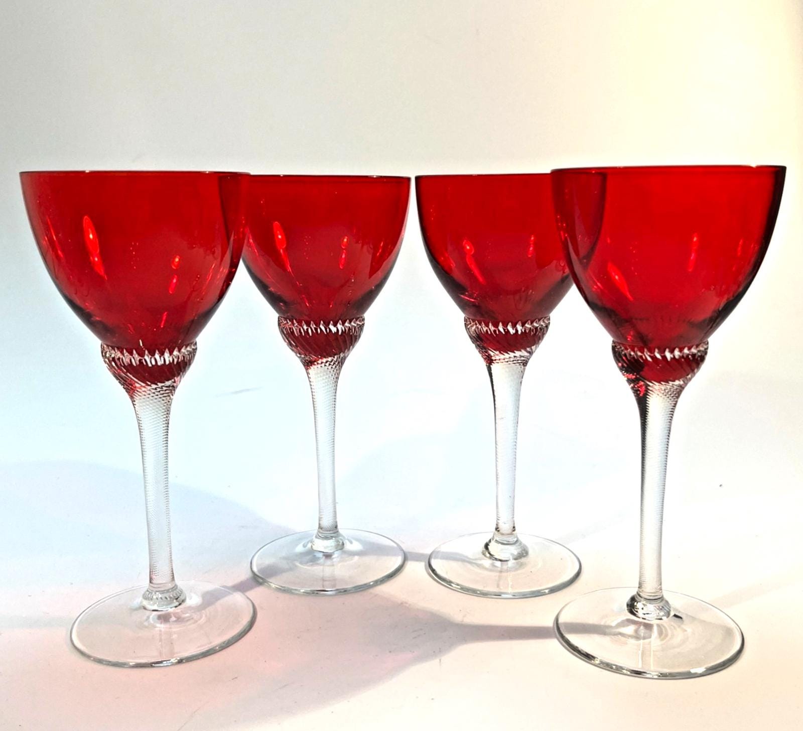 4 Bohemia Red Liquor Glasses Twisted Stem Glasses H14cm Mid Century Drinking VGC