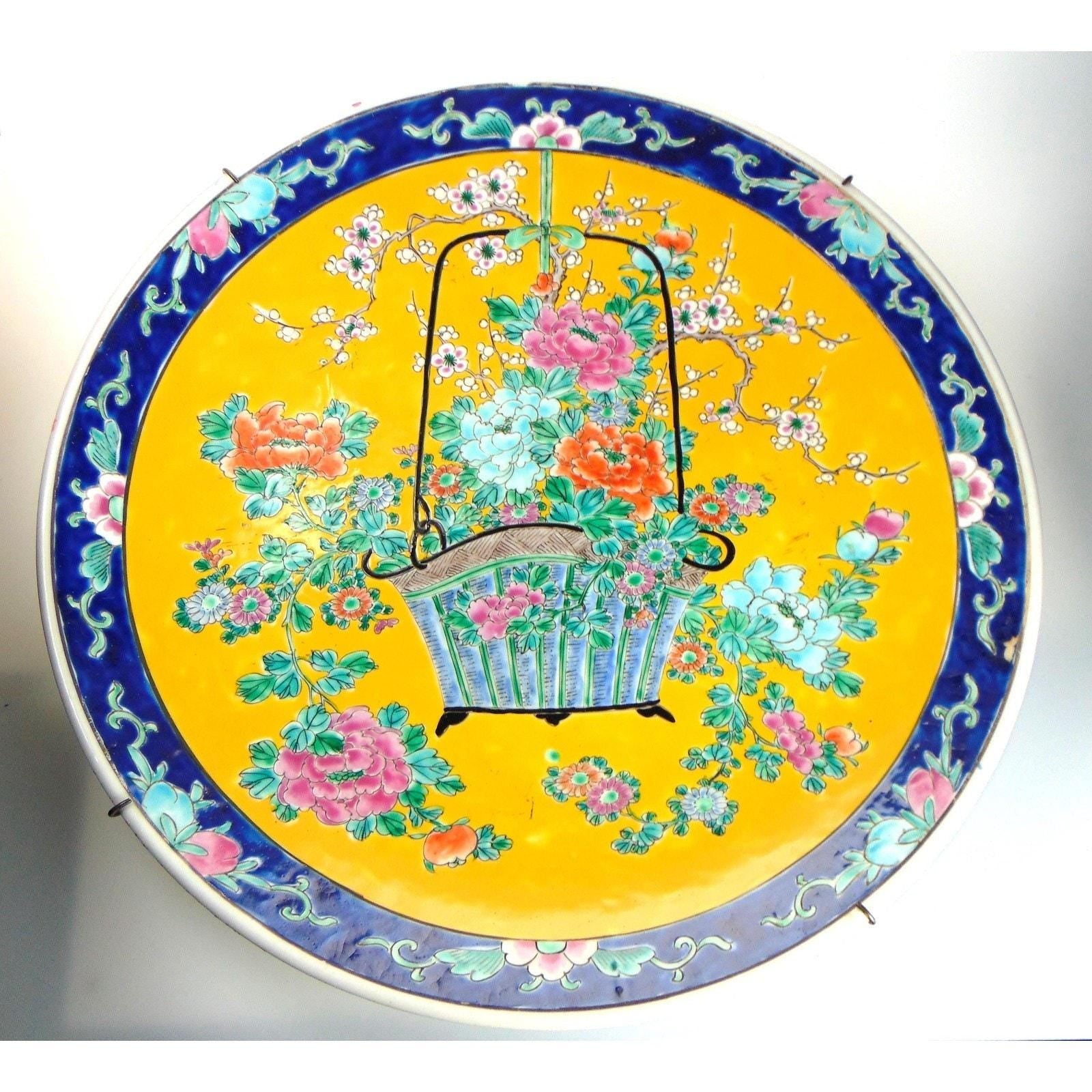 1900s Japanese Charger Plate 16 Inch. Oriental Charger in Yellow & Floral Detail