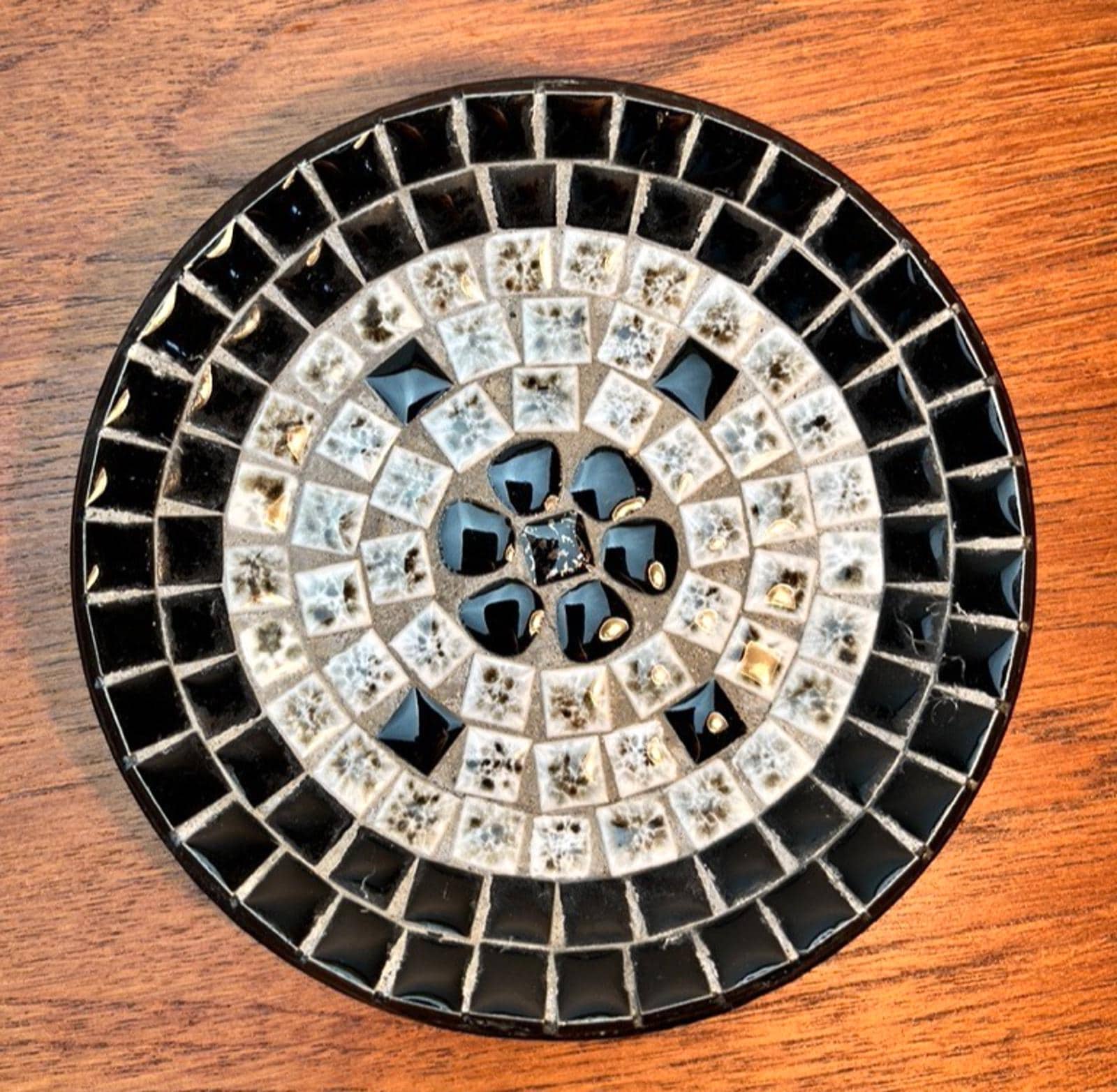Vintage USSR Mosaic Tile Dish Black & White Circular Geometric Mid Century