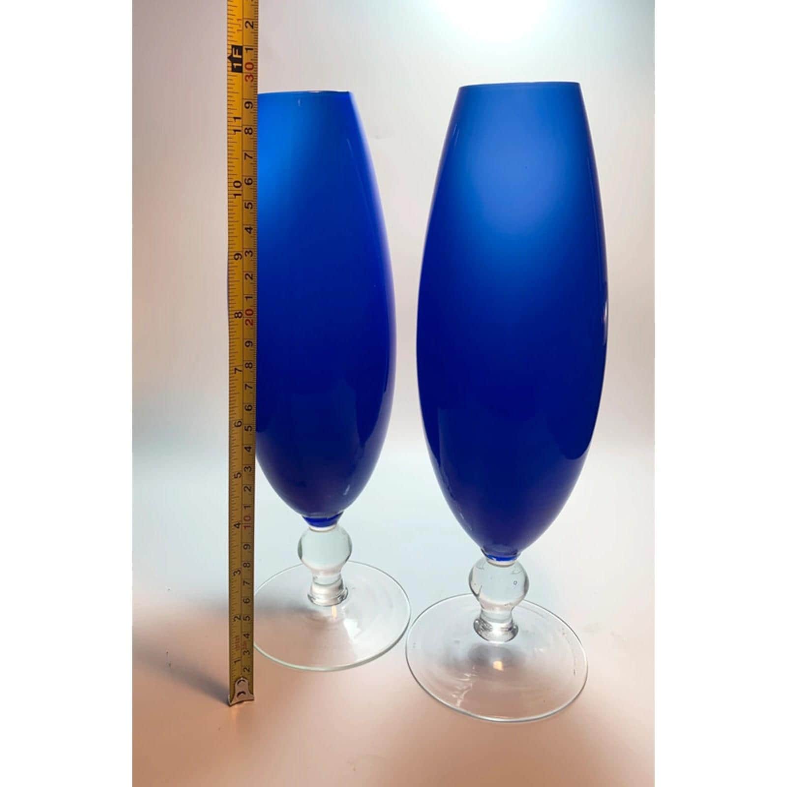 Pair of Mid Century Cobalt Blue Glass Bullet Vases White Interior Torpedo Vases
