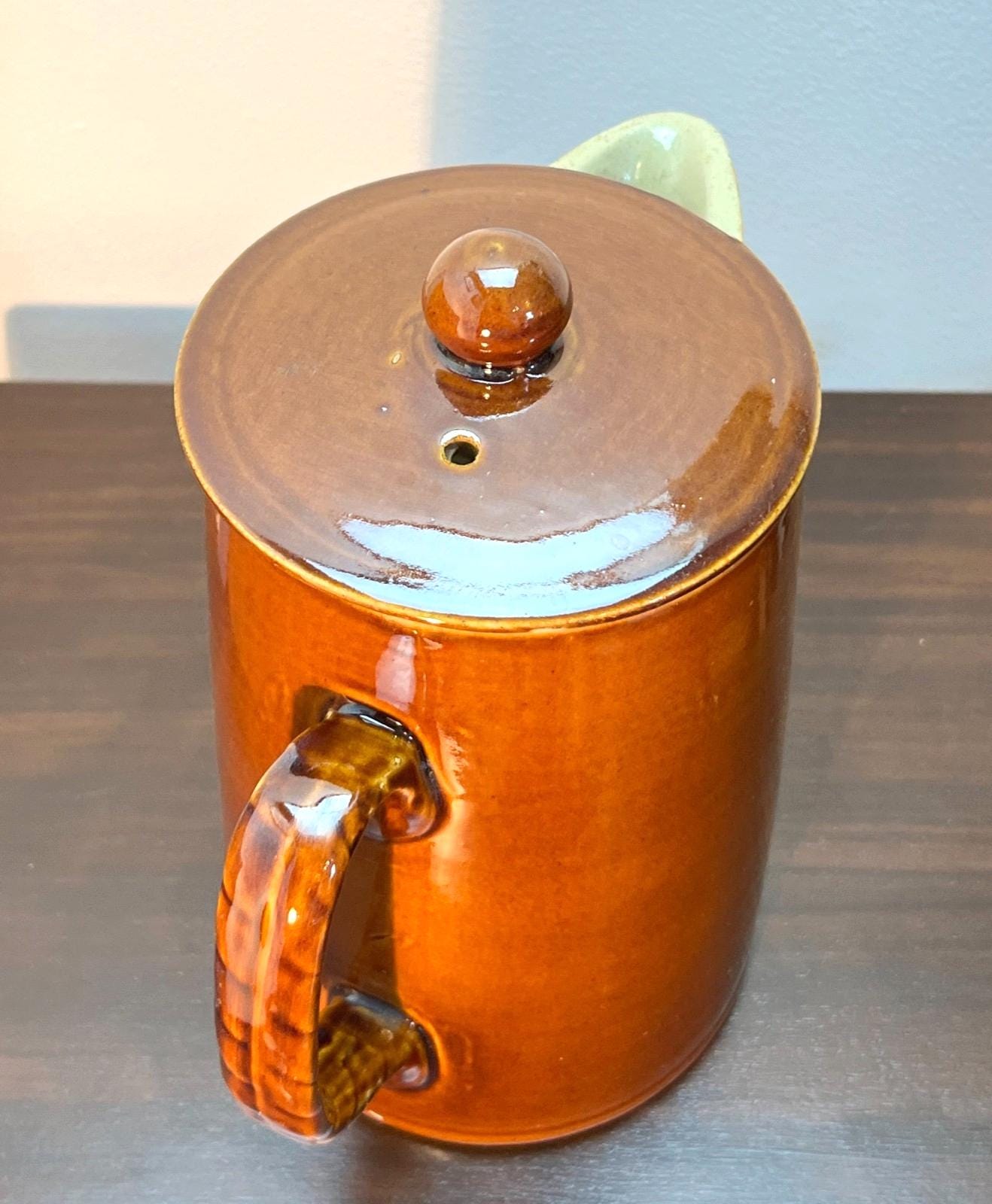 Vintage Brown Glazed Stoneware Coffee Pot with Lid – Rustic Retro Kitchenware