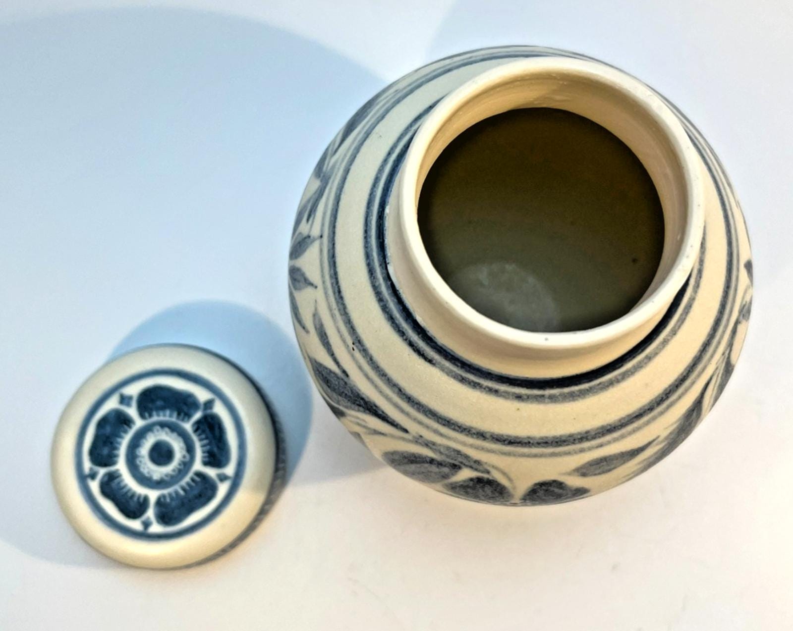 Muriel p wright pottery jar, vintage blue white salt glaze lidded signed 1970s