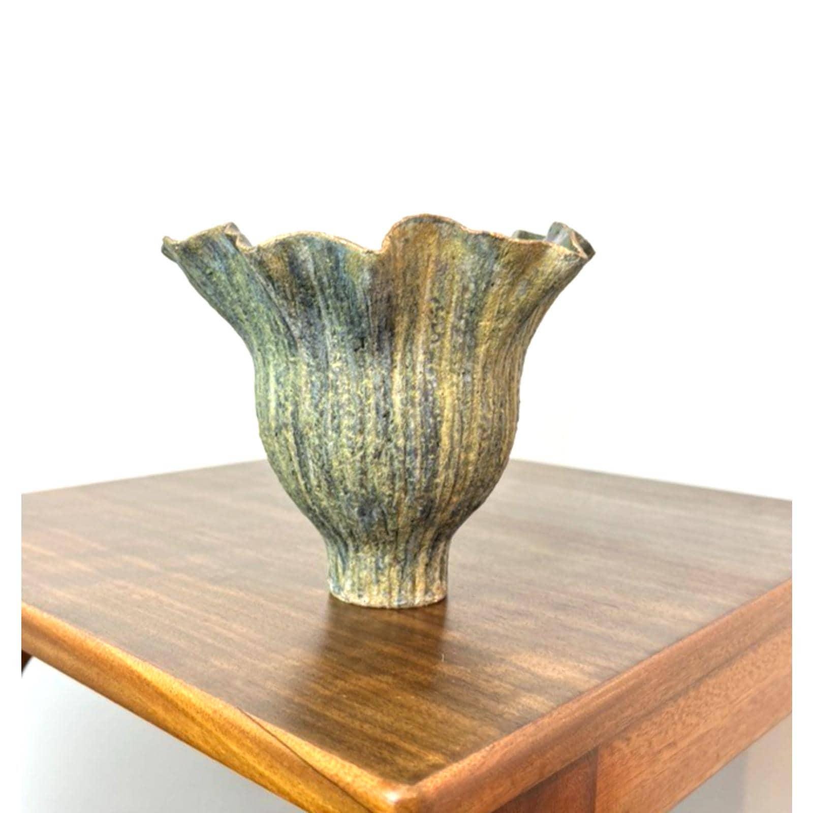 Signed handmade ikebana vase, vintage handkerchief pottery vase green sculptural