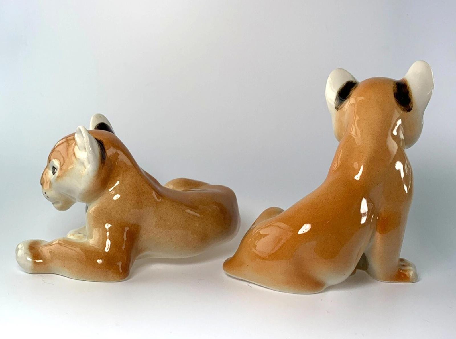 Mid Century Pair of Lomonosov Russian USSR Lion Cub Figurines. Vintage Lion Cub Ornaments