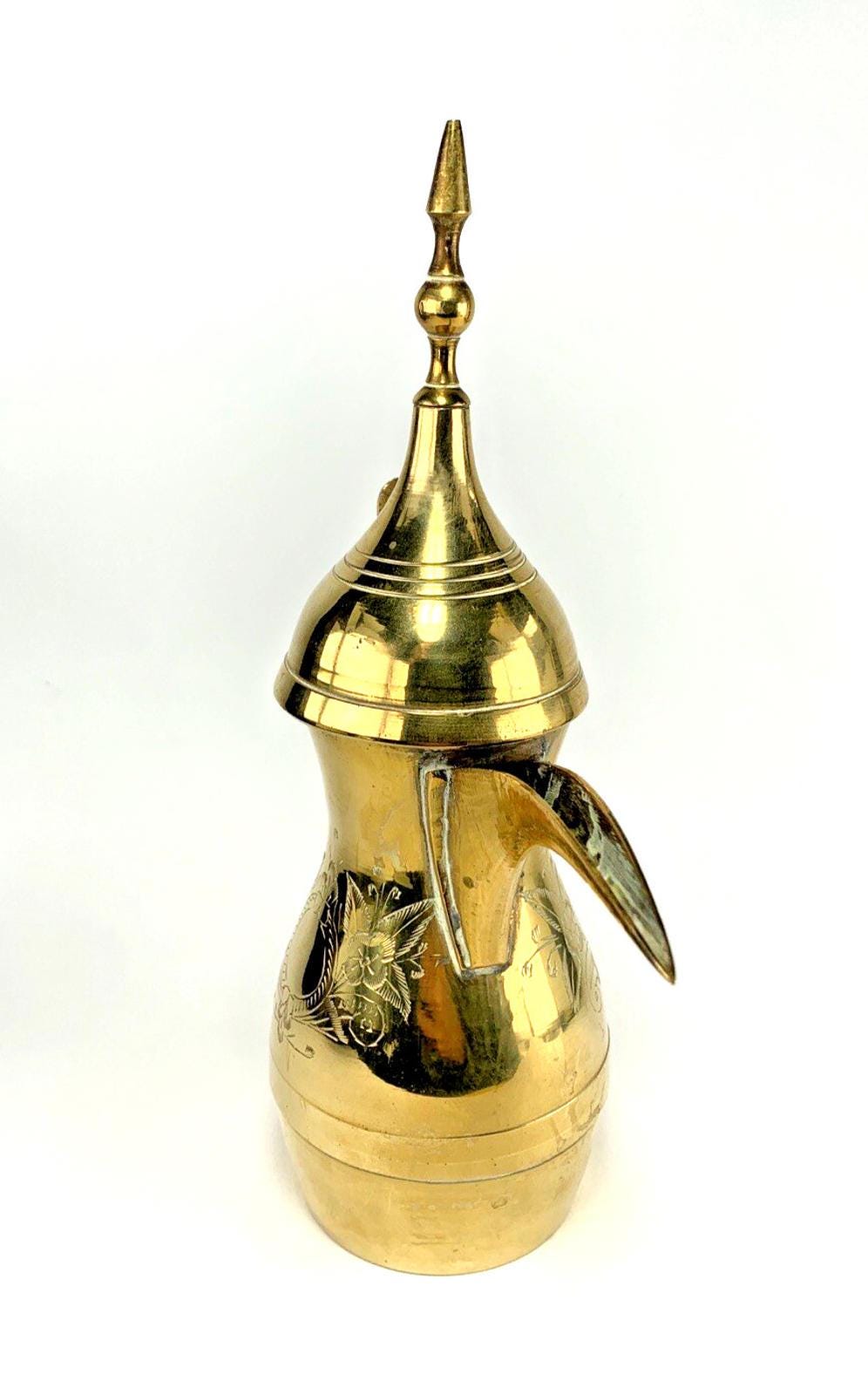 Antique Brass Coffee Pot: Middle Eastern Engraved Pitcher