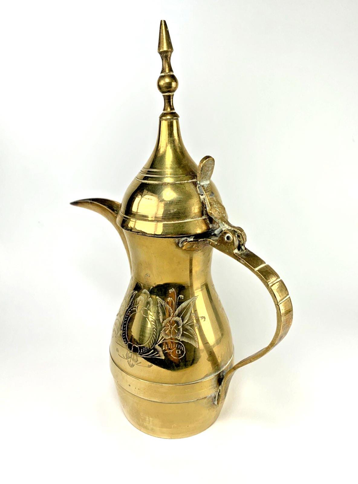 Antique Brass Coffee Pot: Middle Eastern Engraved Pitcher