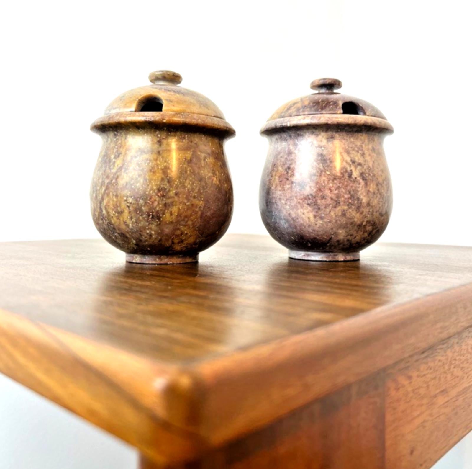 2 Vintage Soapstone Condiment Jars or Sauce Pots with Lids in Red Soapstone