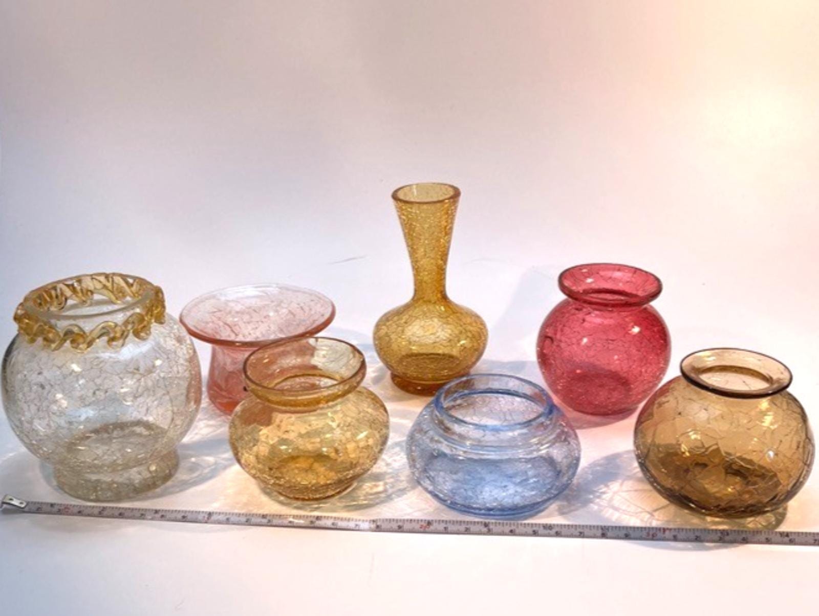 Vintage Crackle Glass Collection: Amber & Blue Jugs, Bowls, Dish (16 Piece Set