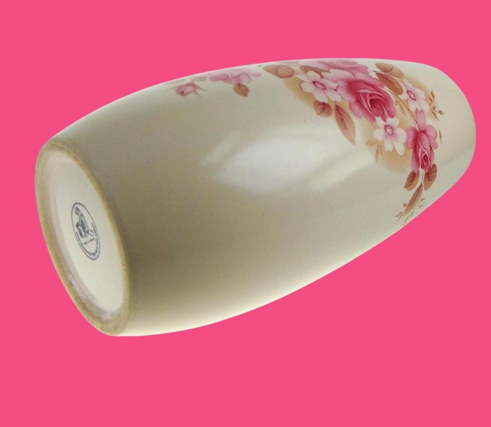 Vintage New Devon Pottery Vase – 1950s Pink & Cream Floral Ceramic Flower Vase