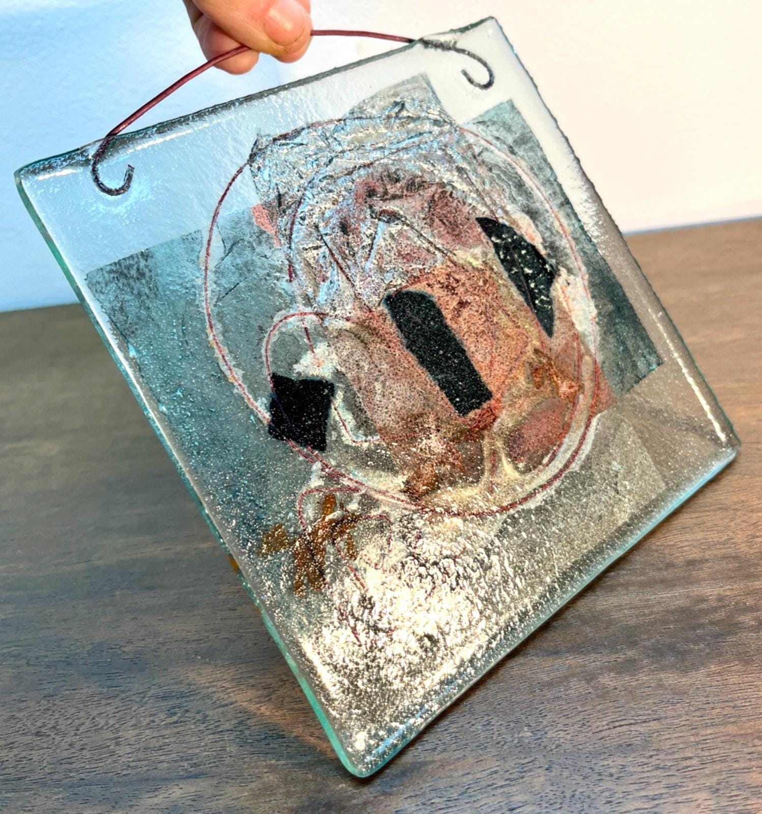 Vintage Abstract Fused Glass Art Panel Hanging Modernist Studio Glass 20cm