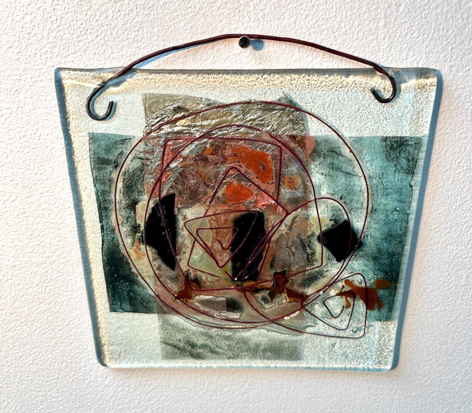 Vintage Abstract Fused Glass Art Panel Hanging Modernist Studio Glass 20cm