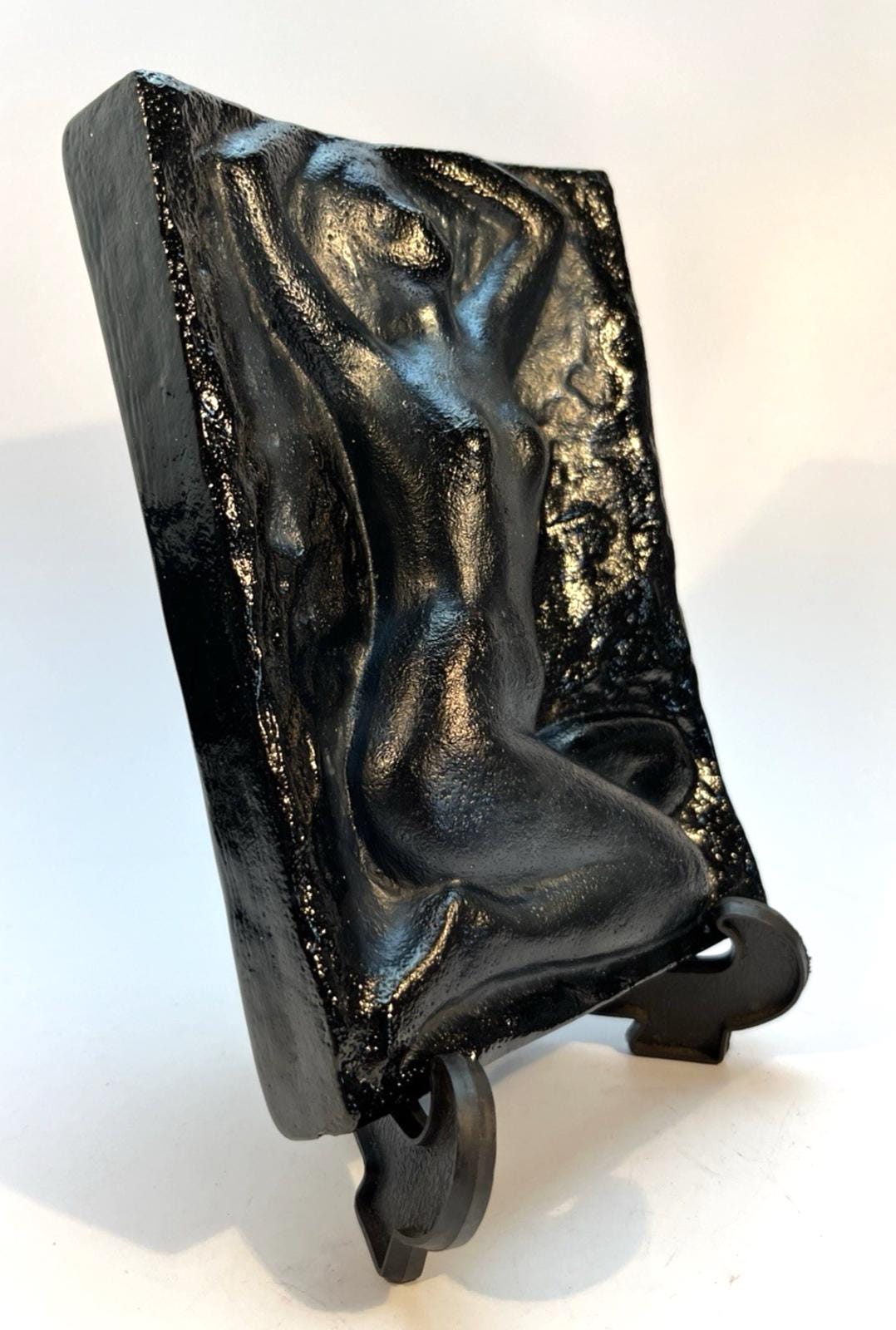 Vintage Nude Woman Plaque Black Ceramic Pottery Art Kneeling Female Figure, 18cm