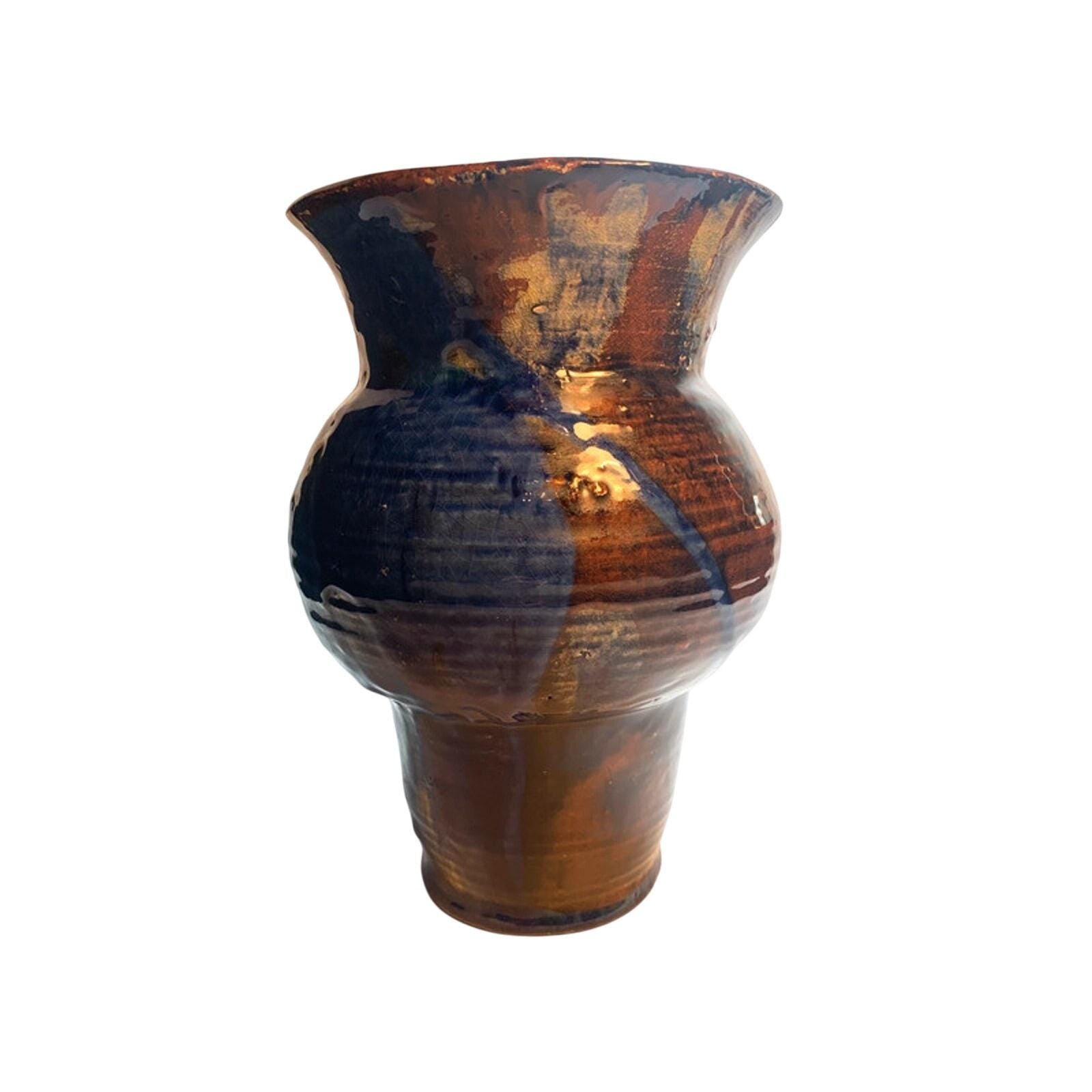 Vintage Handmade Pottery Vase: Blue Drip Glaze, Mid-Century Enamel