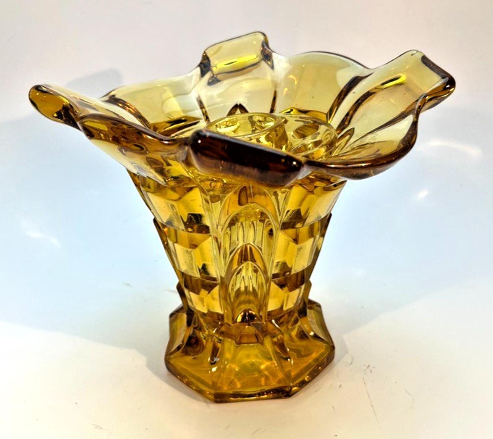 Art Deco Amber Glass Vase with Glass Frog