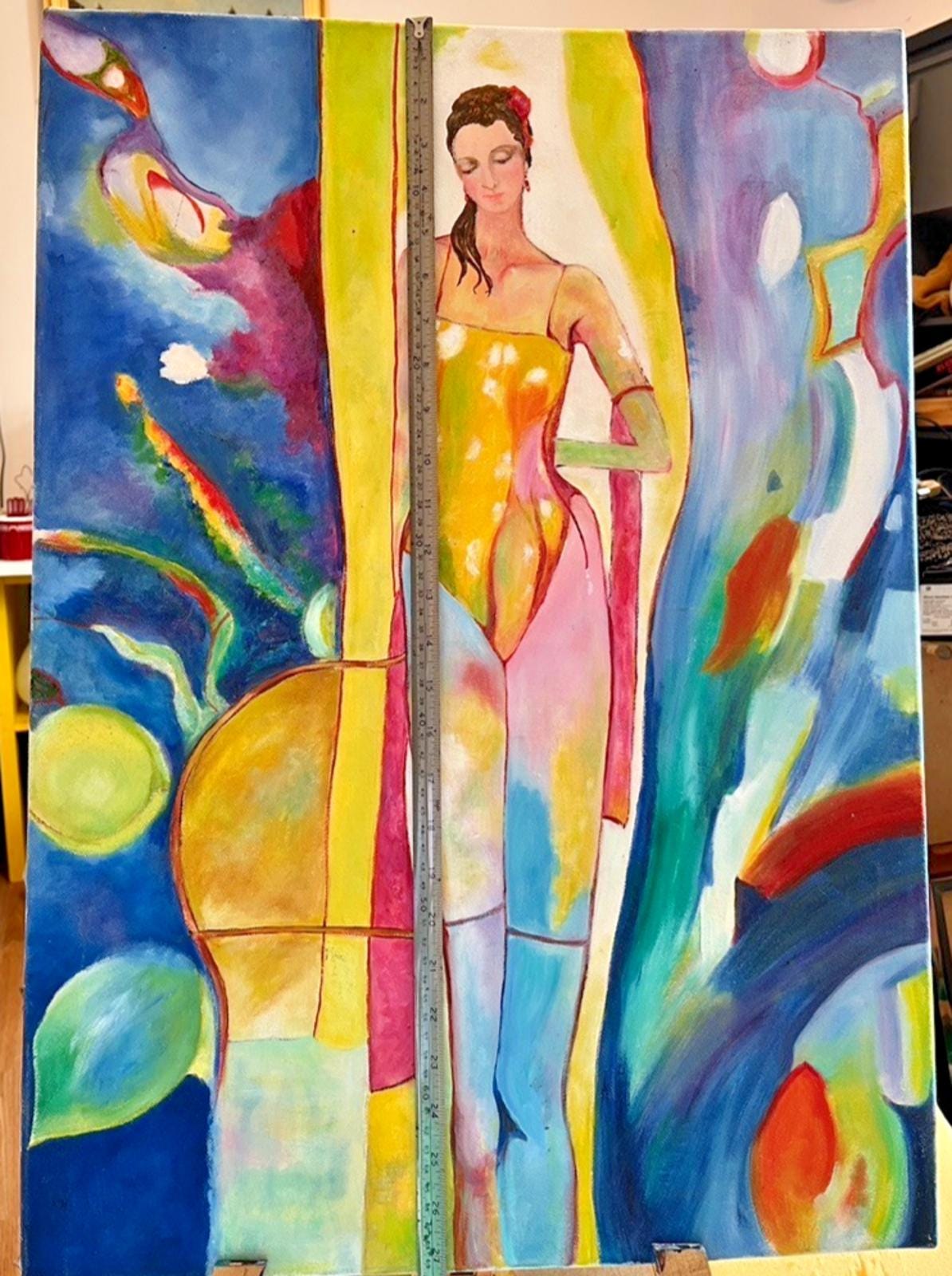 Abstract Acrylic on Canvas Painting of Woman Brightly Painted Woman in Underwear