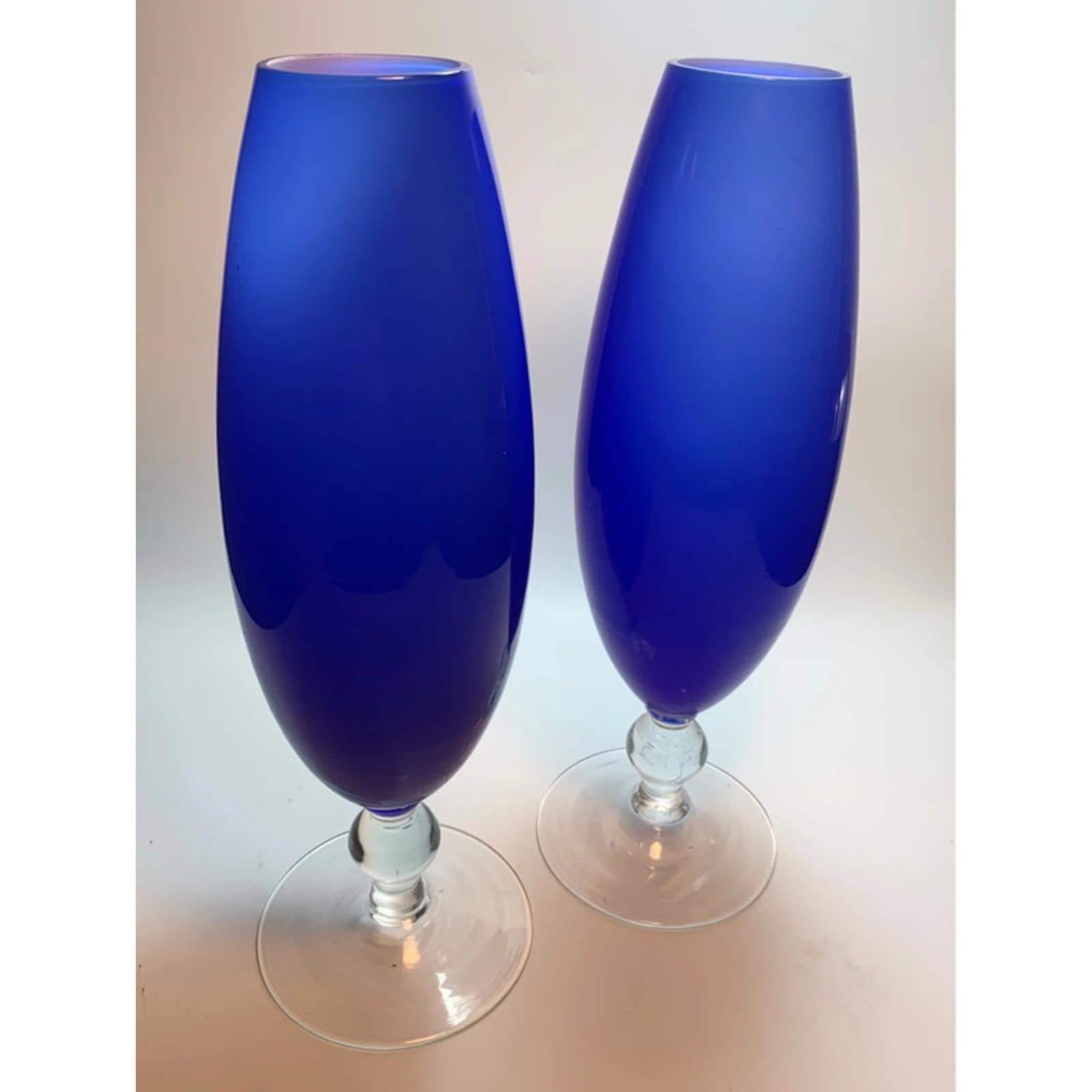 Pair of Mid Century Cobalt Blue Glass Bullet Vases White Interior Torpedo Vases