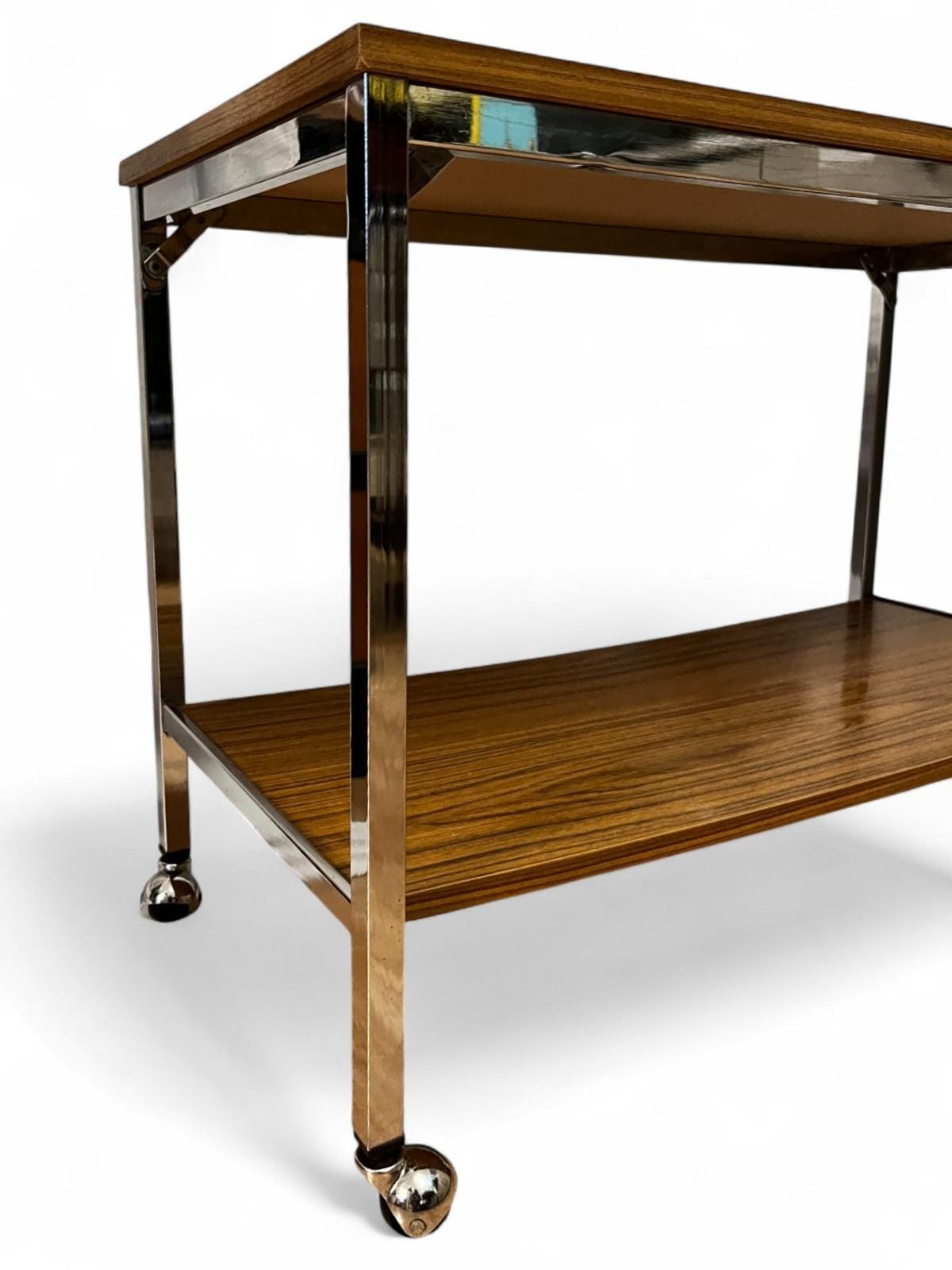 Mid Century Chrome & Teak Effect Side Table / Drinks Trolley on Castors 80cm