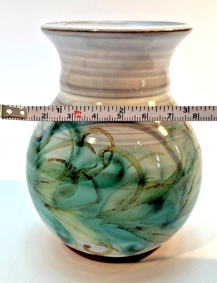 Vintage Skegness Pottery vase 10.5cm green & brown studio art hand painted