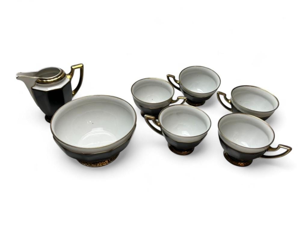 Vintage Black, White & Gold Porcelain Coffee Set Art Deco Style 7-Piece Czech