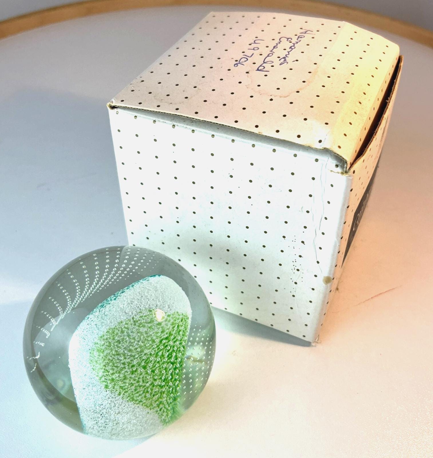 Caithness Glass Paperweight. Green & Clear, Controlled Bubble Art Glass with Box