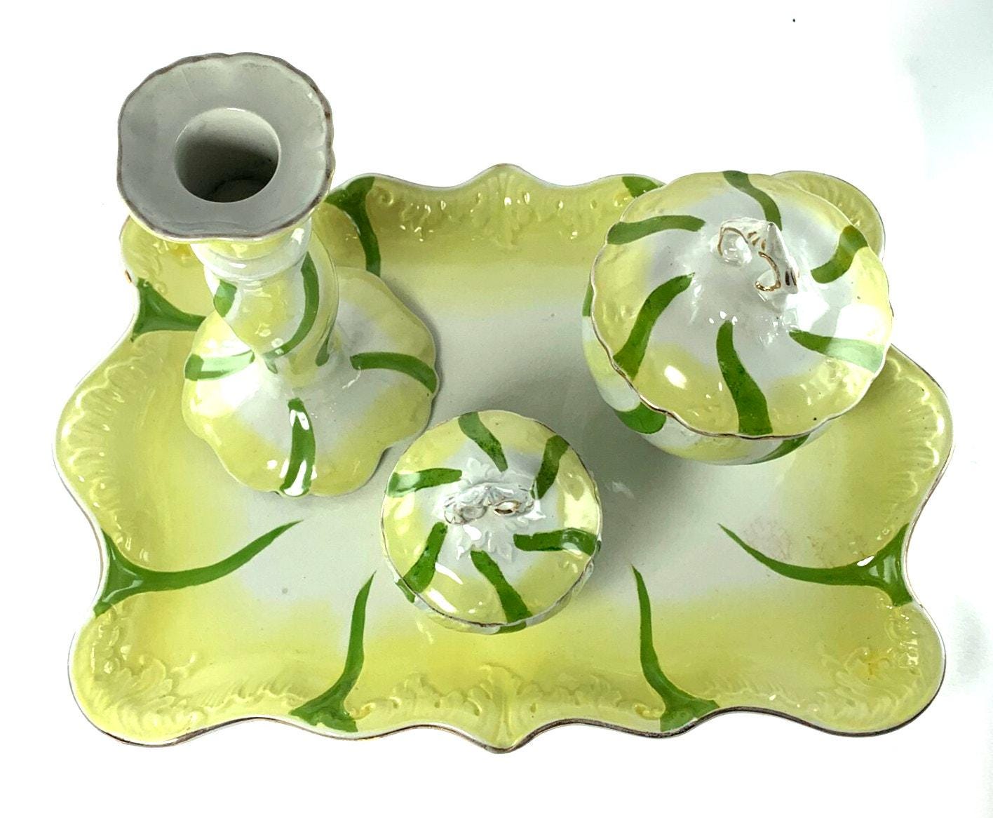 Antique Vanity Set Porcelain Tray, 2 Lidded Jars & Candlestick Holder, 1900s