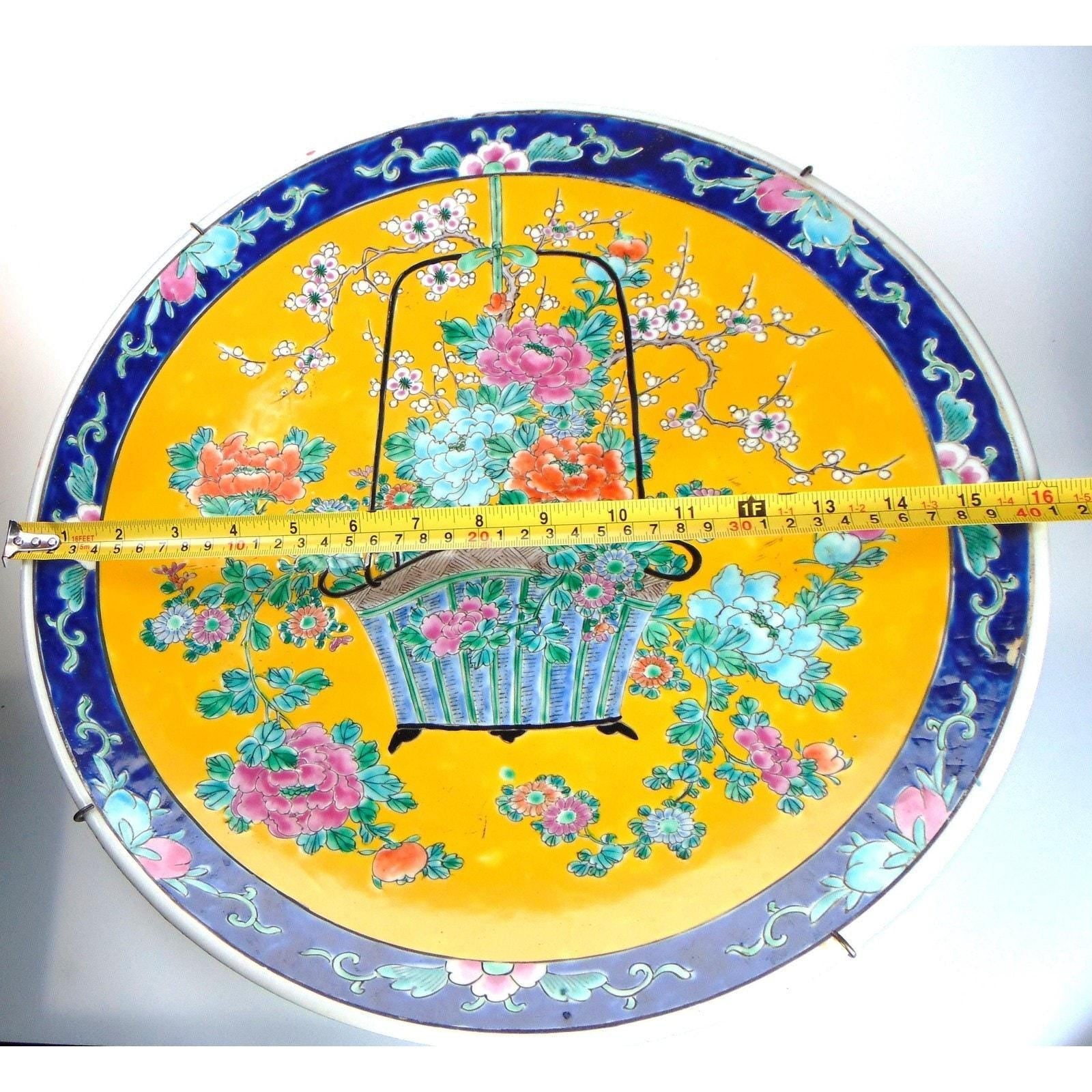 1900s Japanese Charger Plate 16 Inch. Oriental Charger in Yellow & Floral Detail