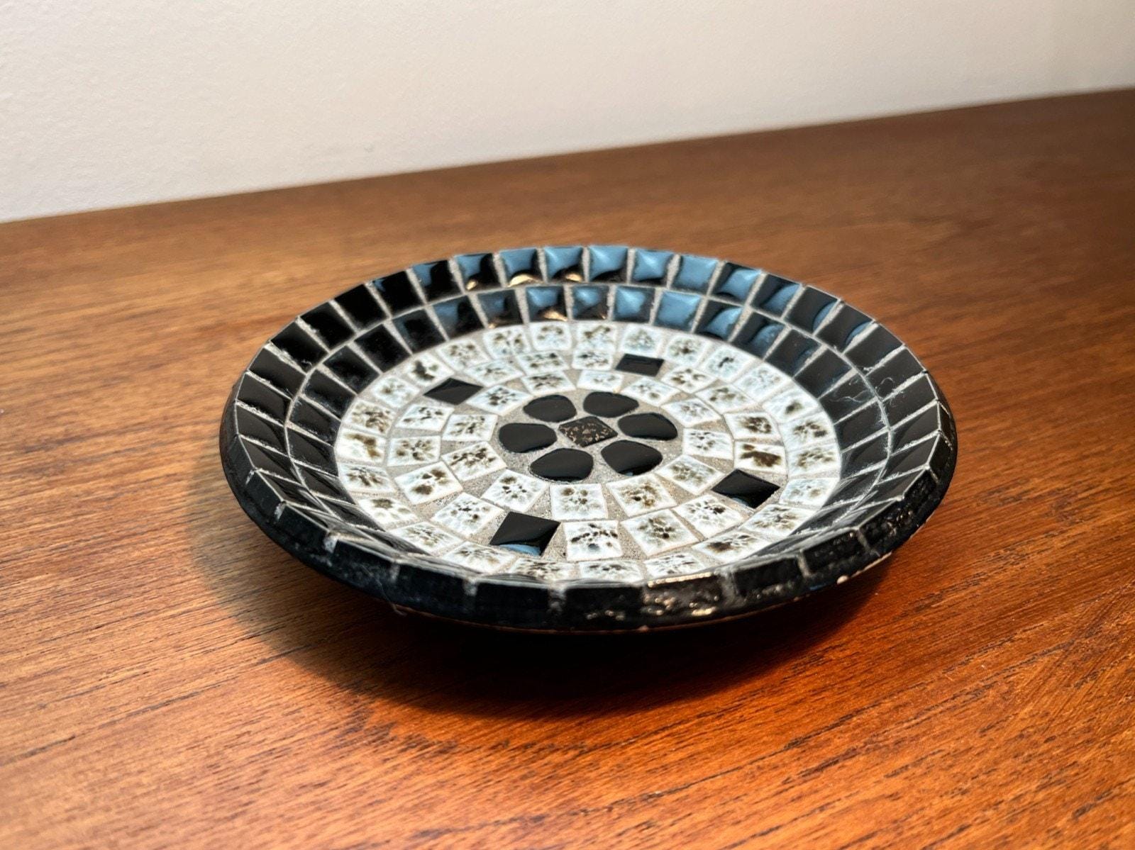 Vintage USSR Mosaic Tile Dish Black & White Circular Geometric Mid Century