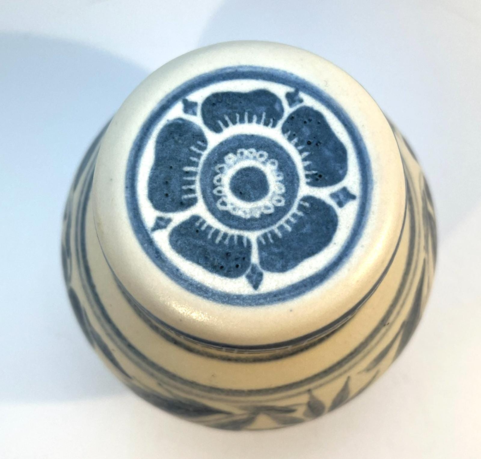 Muriel p wright pottery jar, vintage blue white salt glaze lidded signed 1970s