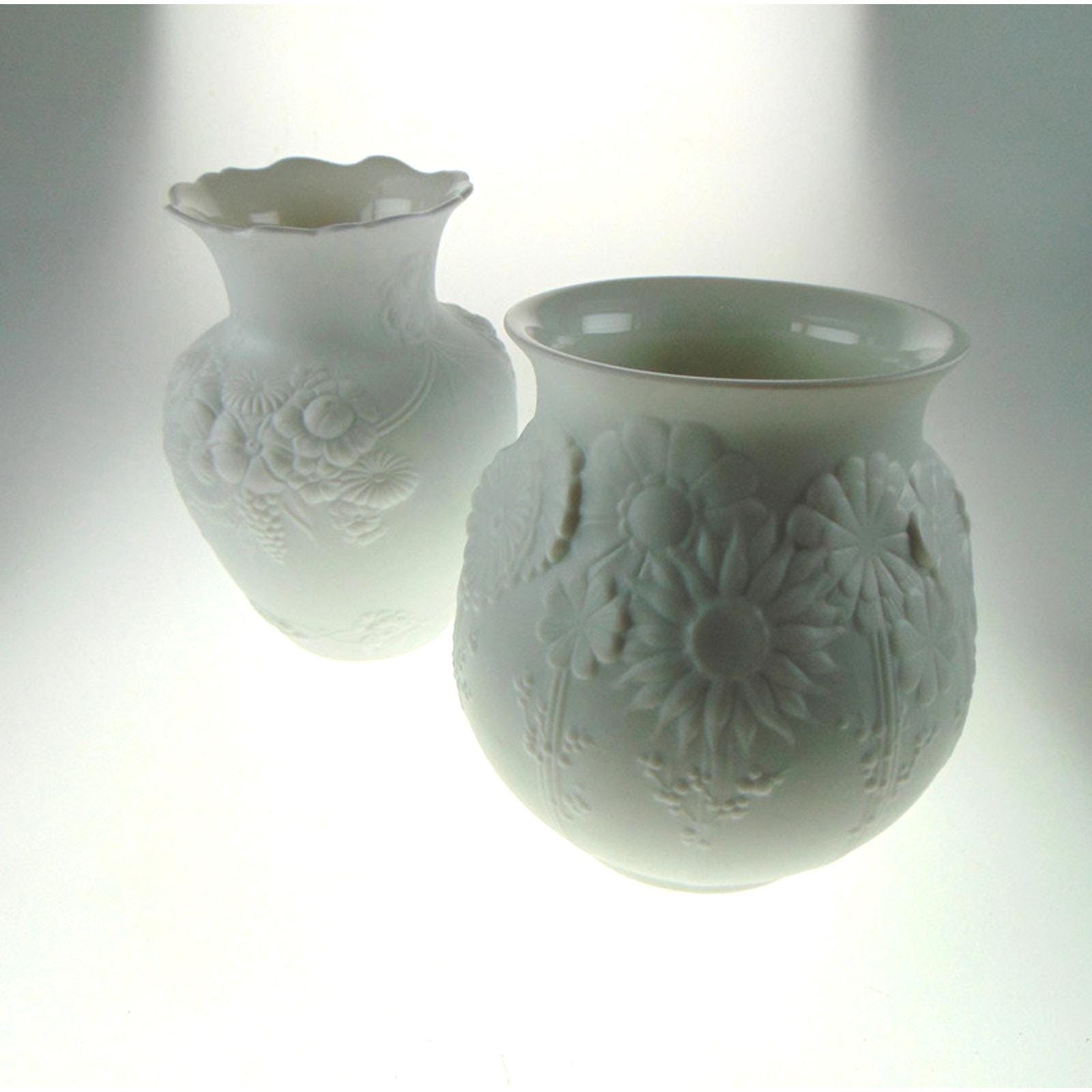 1960s Kaiser Bisque Porcelain Vases White West German Pair Squat & Bouquet