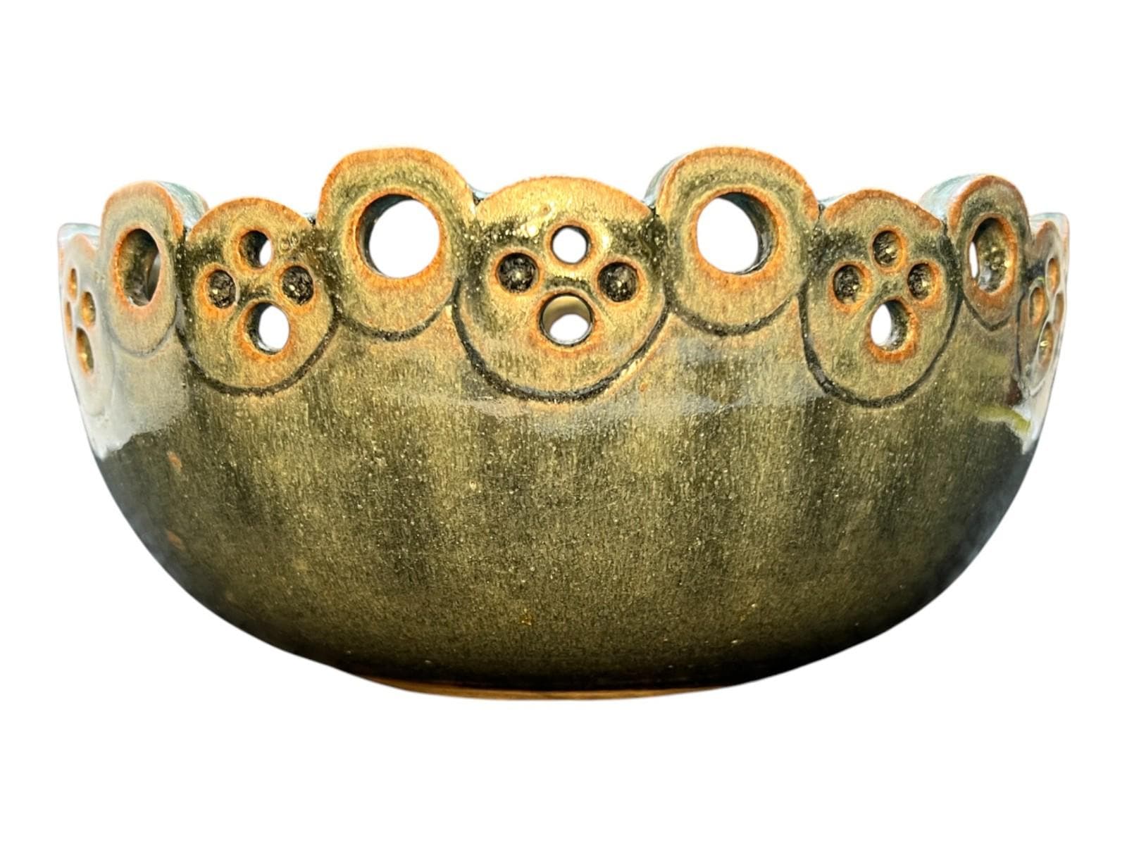 Studio Pottery Bowl Green Celadon Glaze Pierced Rim Signed Syl Macro 20cm Width