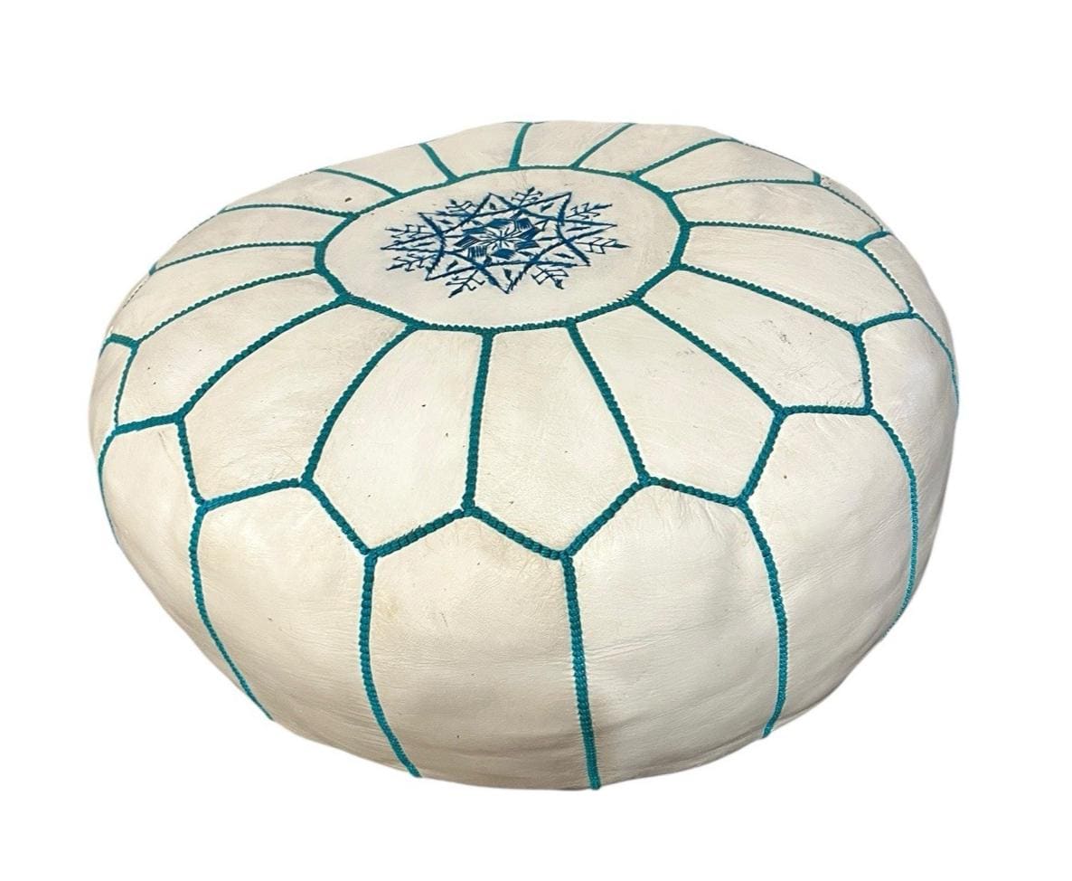 White leather moroccan pouffe 55×35 cm ottoman with turquoise stitching