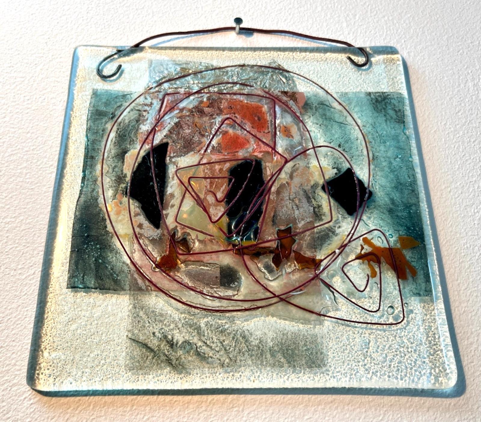 Vintage Abstract Fused Glass Art Panel Hanging Modernist Studio Glass 20cm