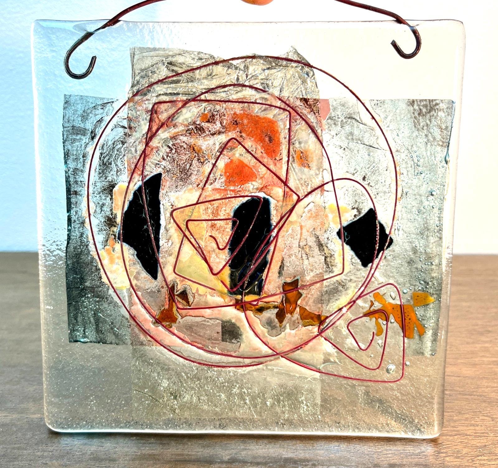 Vintage Abstract Fused Glass Art Panel Hanging Modernist Studio Glass 20cm