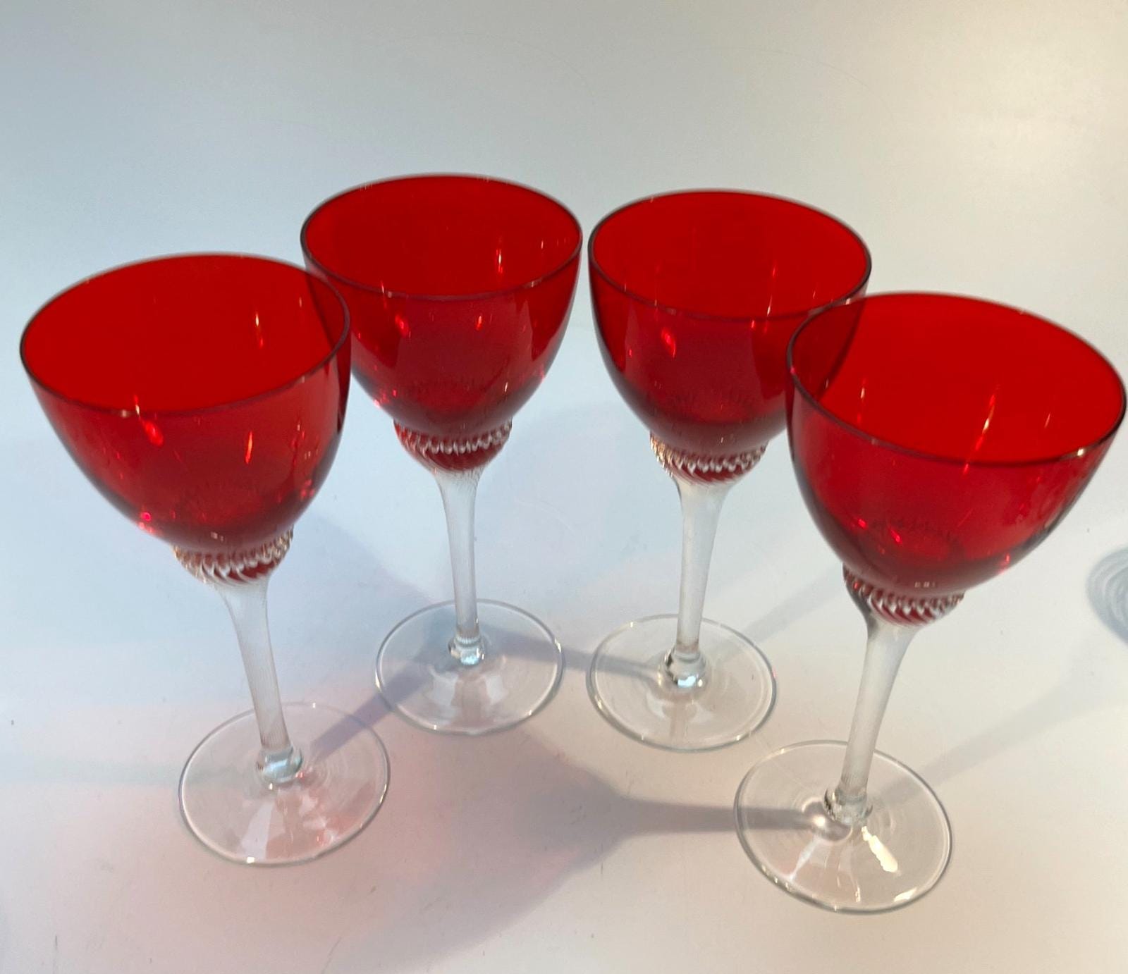 4 Bohemia Red Liquor Glasses Twisted Stem Glasses H14cm Mid Century Drinking VGC