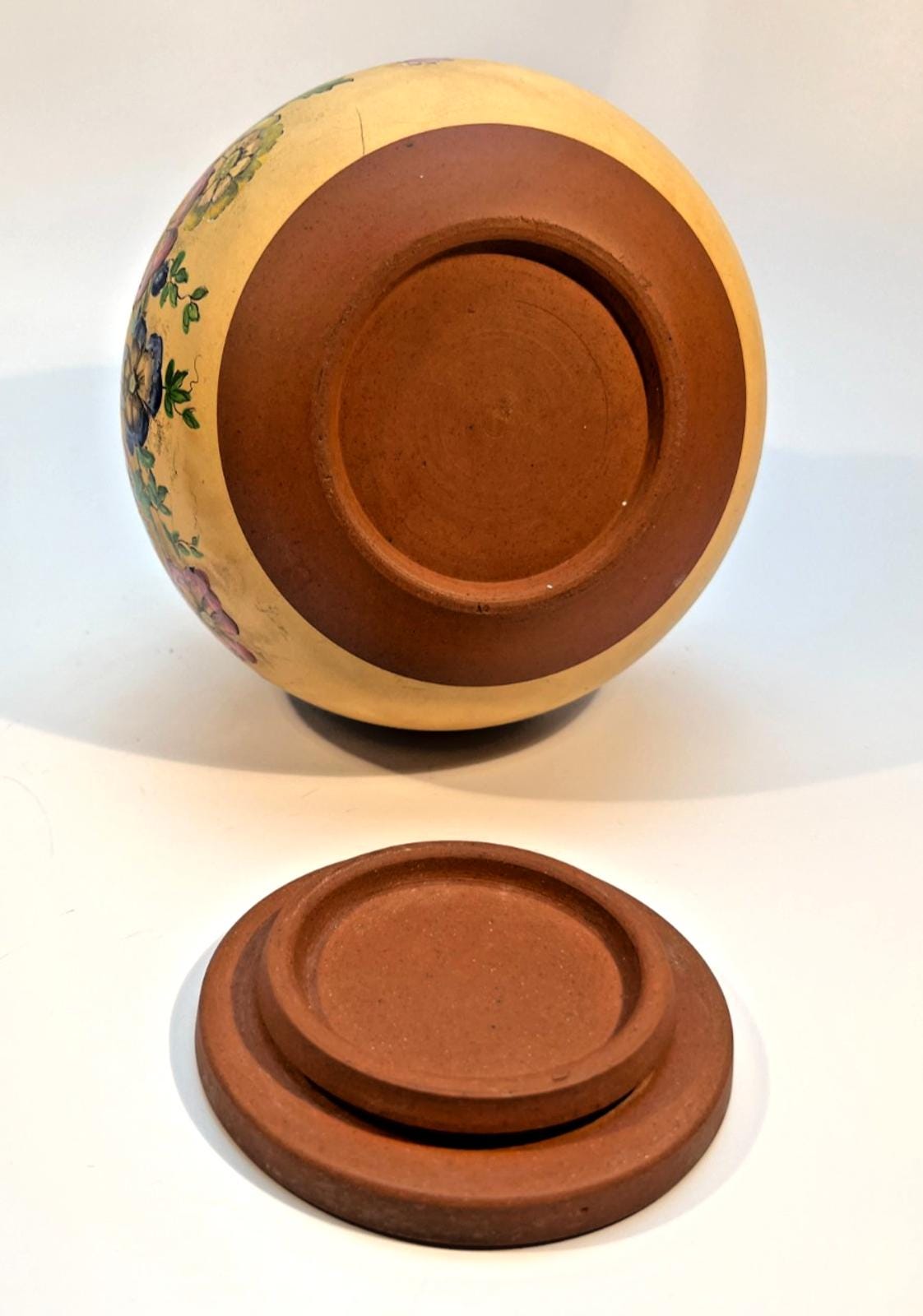Vintage Pottery Tobacco Jar Handmade Terracotta Hand Painted Tobacciana