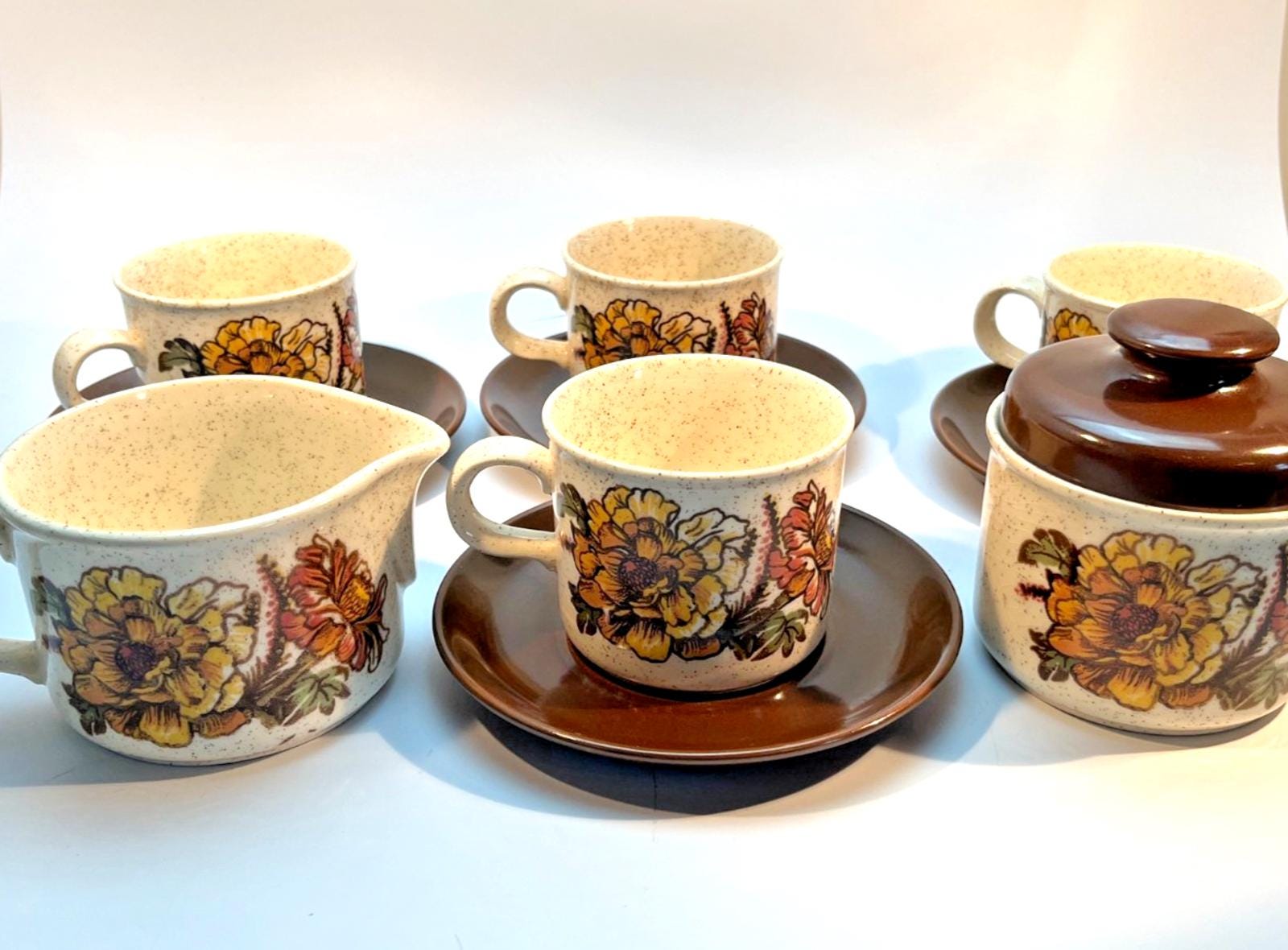 4 Vintage Palissy Royal Worcester Charlotte Cups & Saucers, Milk Jug, Sugar Bowl