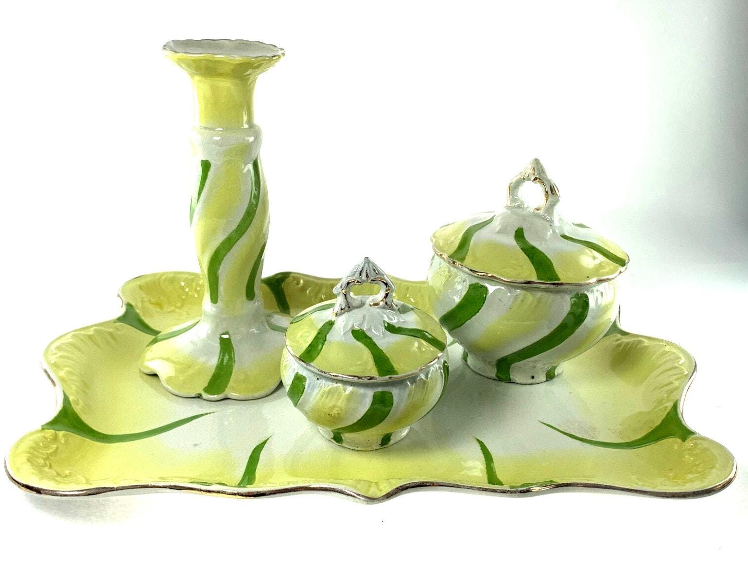 Antique Vanity Set Porcelain Tray, 2 Lidded Jars & Candlestick Holder, 1900s