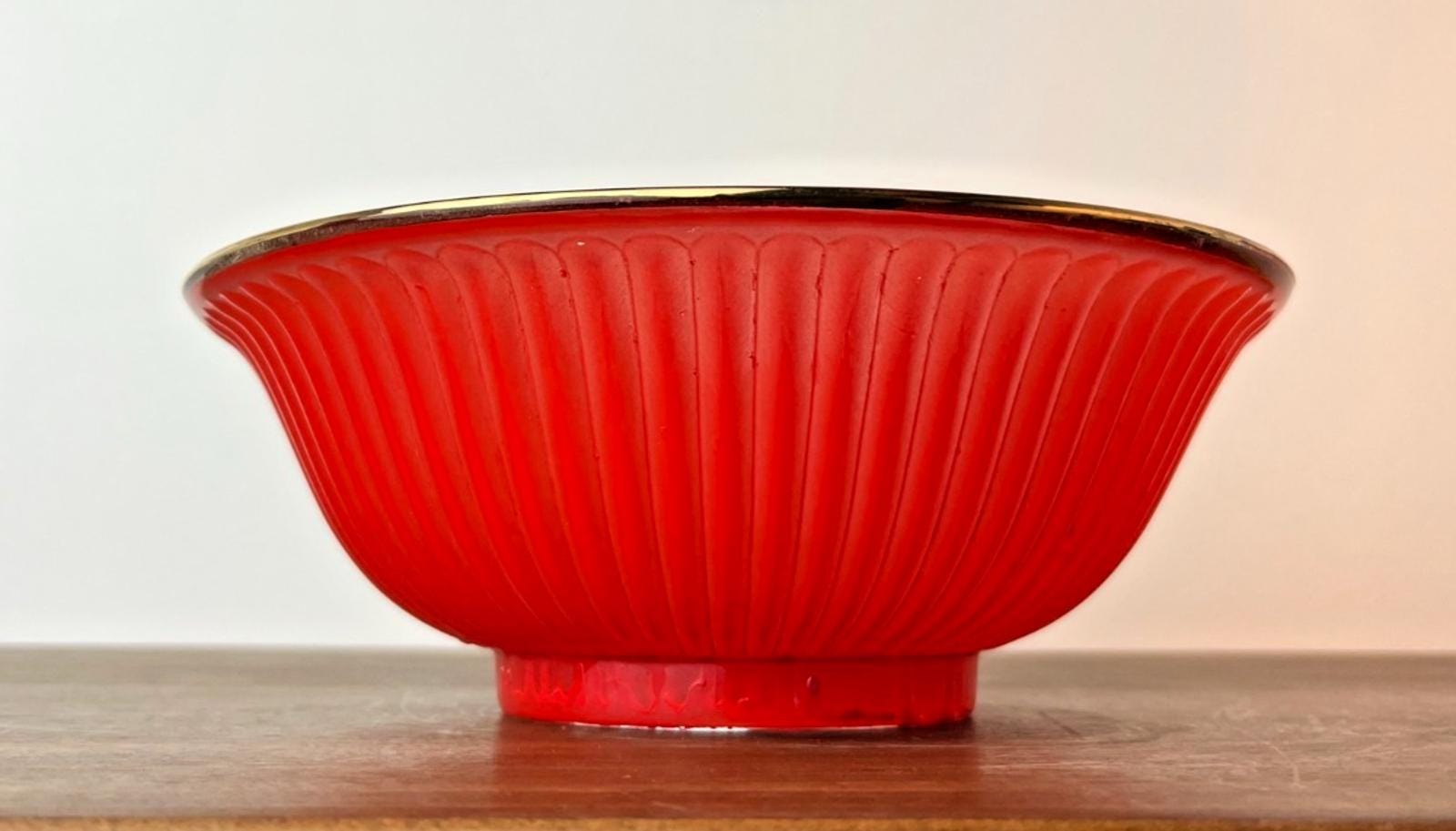 1950s Serving Bowl in Red & Clear Glass. Rippled Glass Pattern