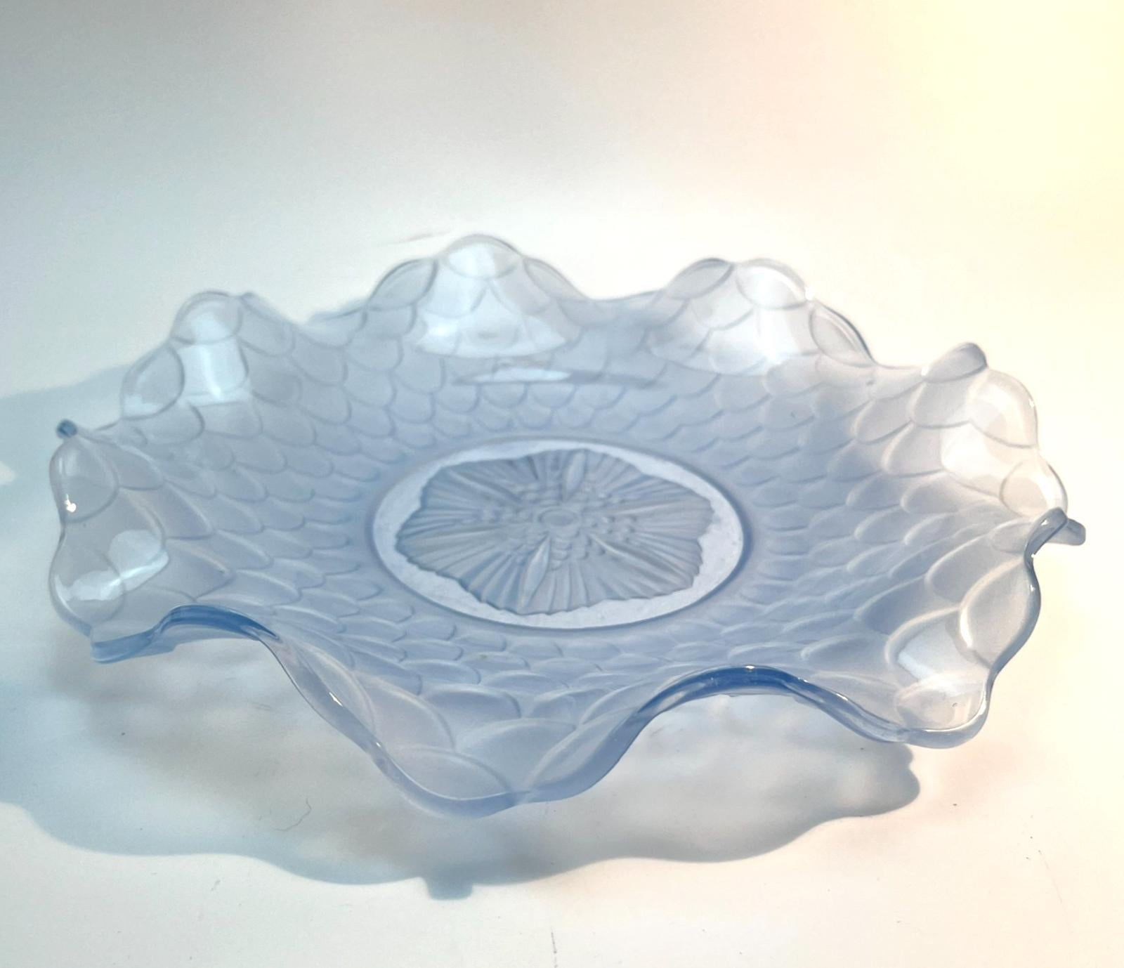 Art Deco Bagley Blue Glass Plate: Fish Scales Pattern No 3067, 1930s