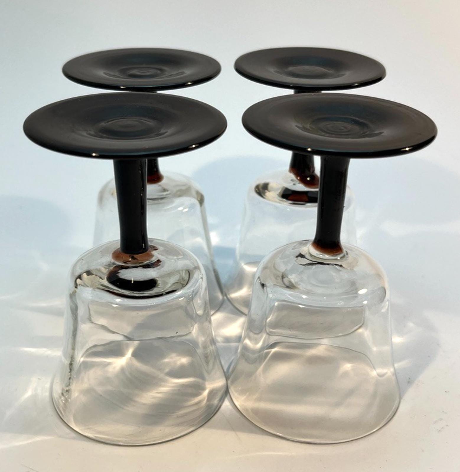 Set of 4 Vintage Stemmed Glasses. Liquor Glasses with Black Glass Stems