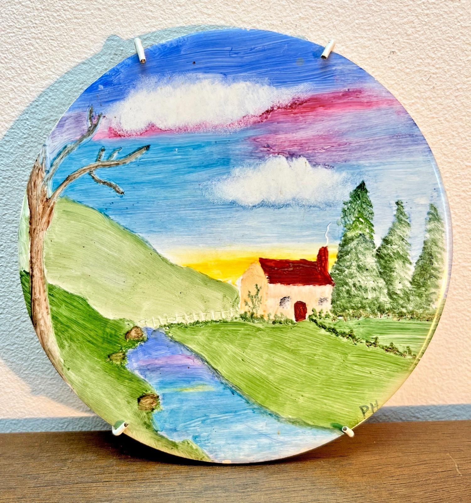 Hand Painted Decorative Plate Countryside Scene River Cottage PH Signed 27cm