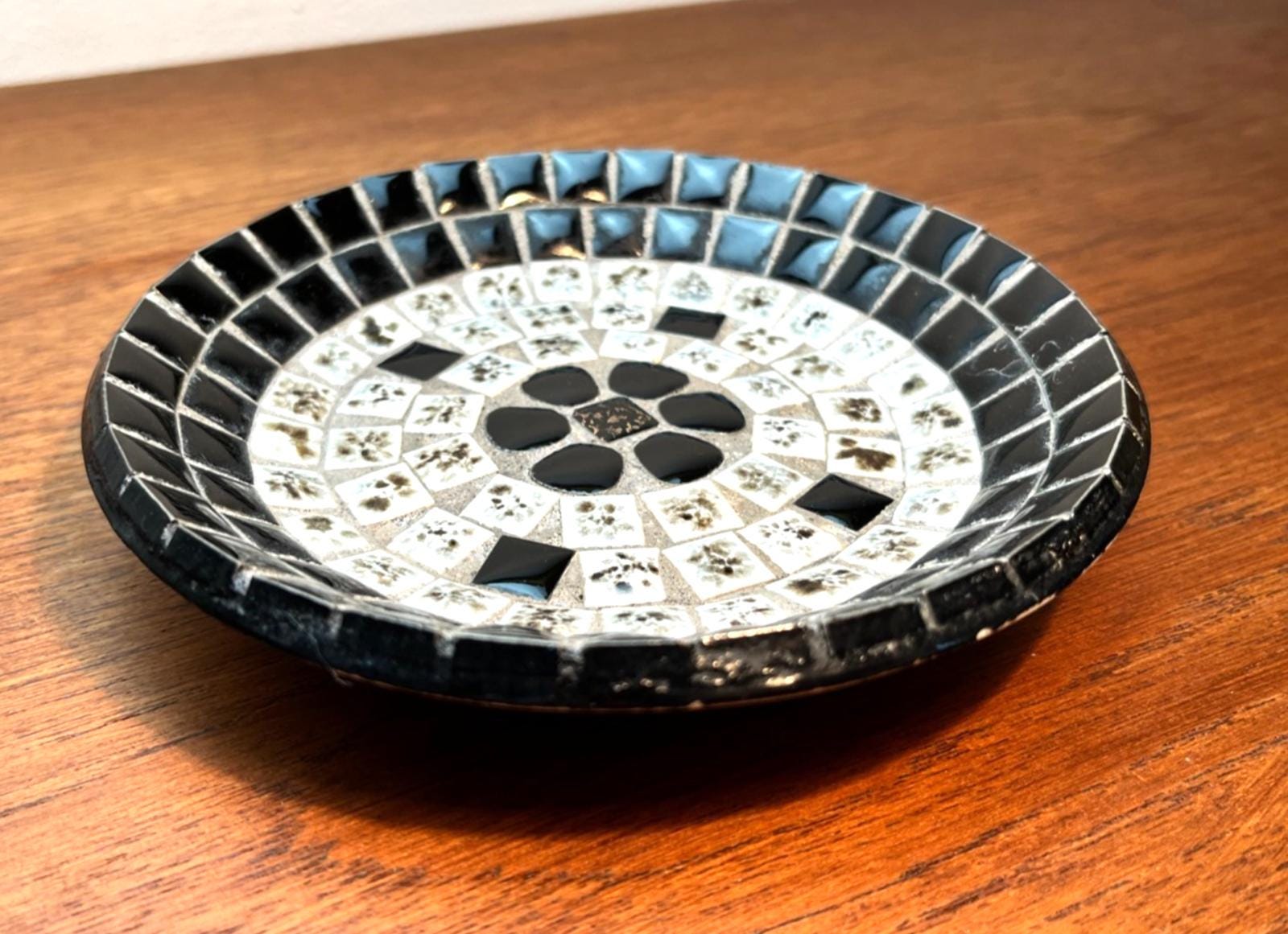 Vintage USSR Mosaic Tile Dish Black & White Circular Geometric Mid Century