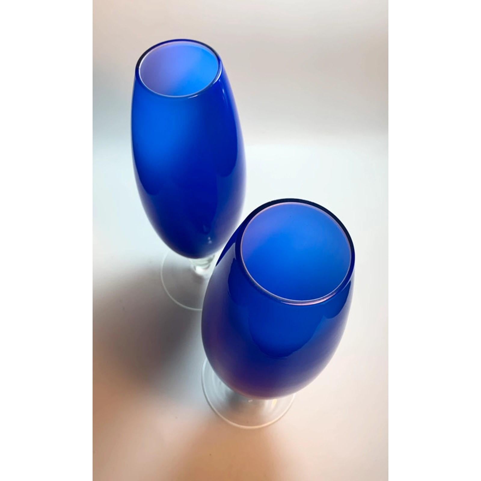 Pair of Mid Century Cobalt Blue Glass Bullet Vases White Interior Torpedo Vases